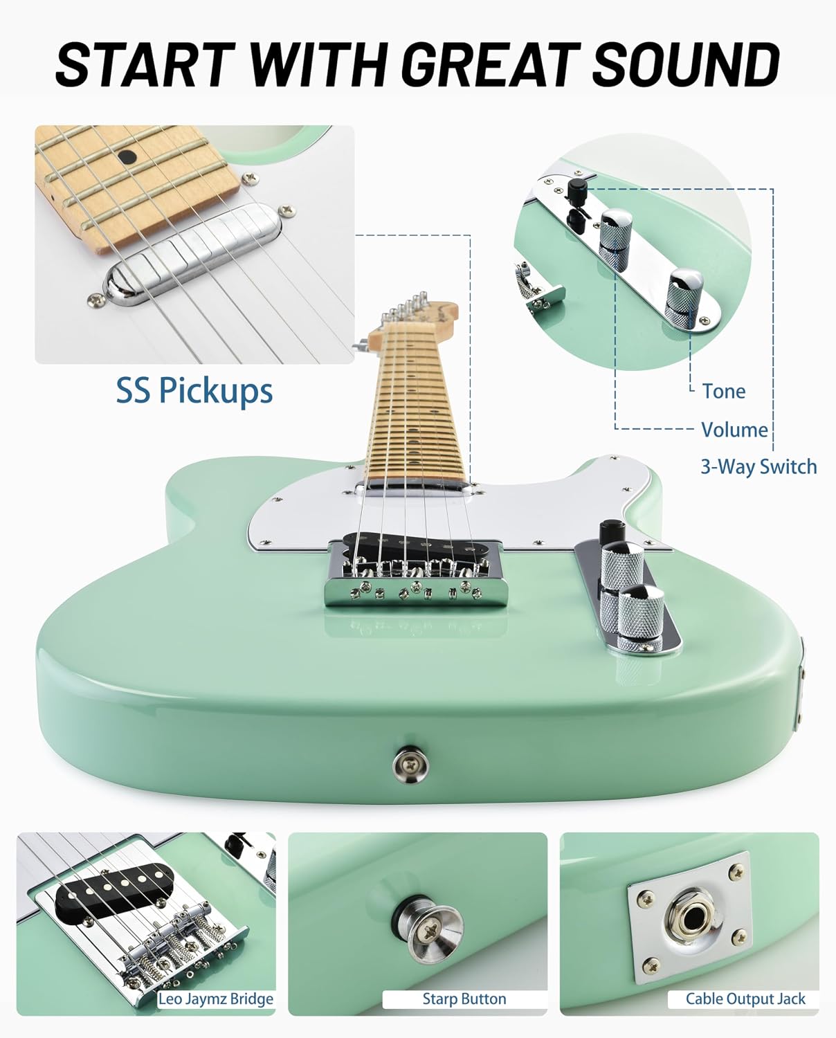Leo Jaymz Beginner Electric Guitar Complete Kit with Portable Amp, Padded Gig Bag & Full Accessories, Maple Neck (TL-White)