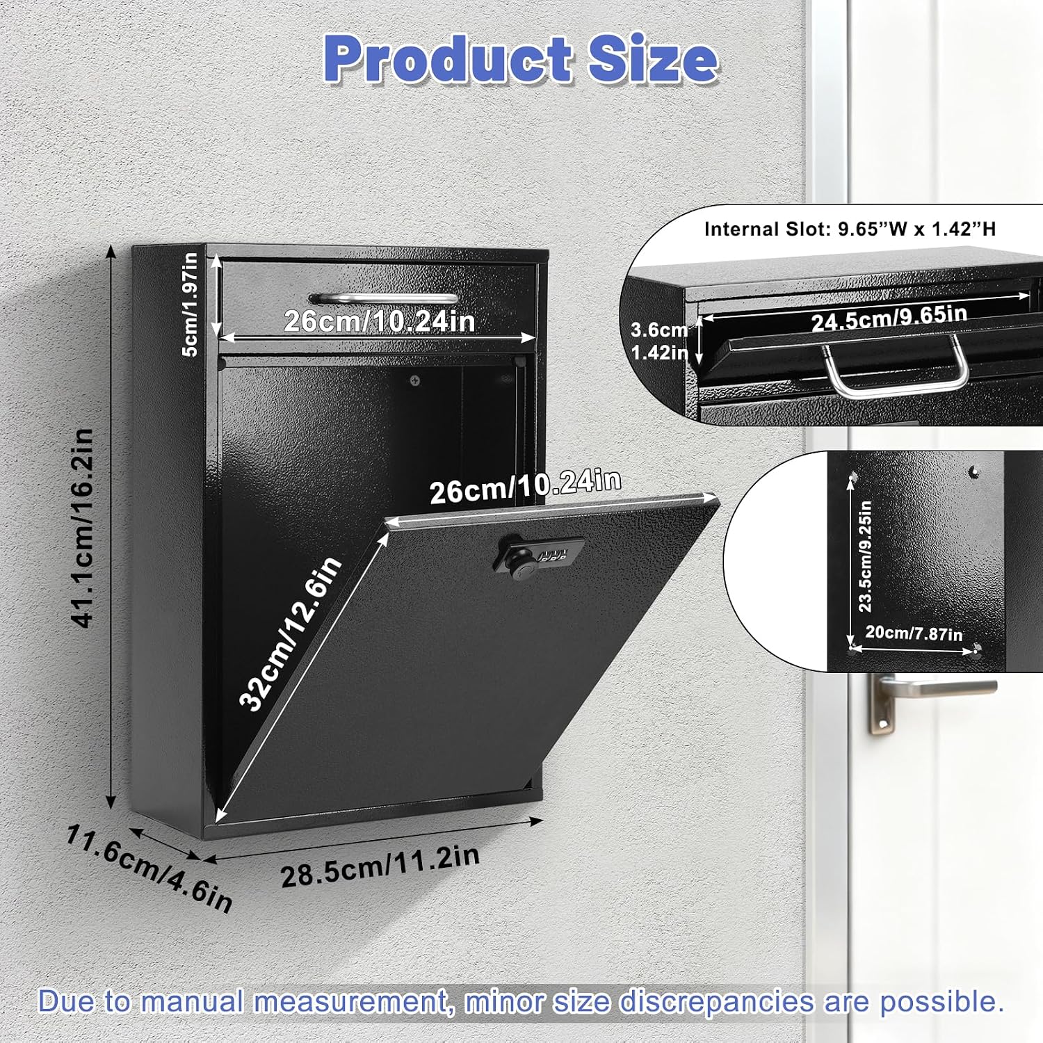 KYODOLED Steel Key Lock Mail Boxes Outdoor, Locking Wall Mount Mailbox, Security Lock Drop Box, Collection Boxes for Home, Office or Commercial,16.2H x 11.2L x 4.6W Inches, Black X Large