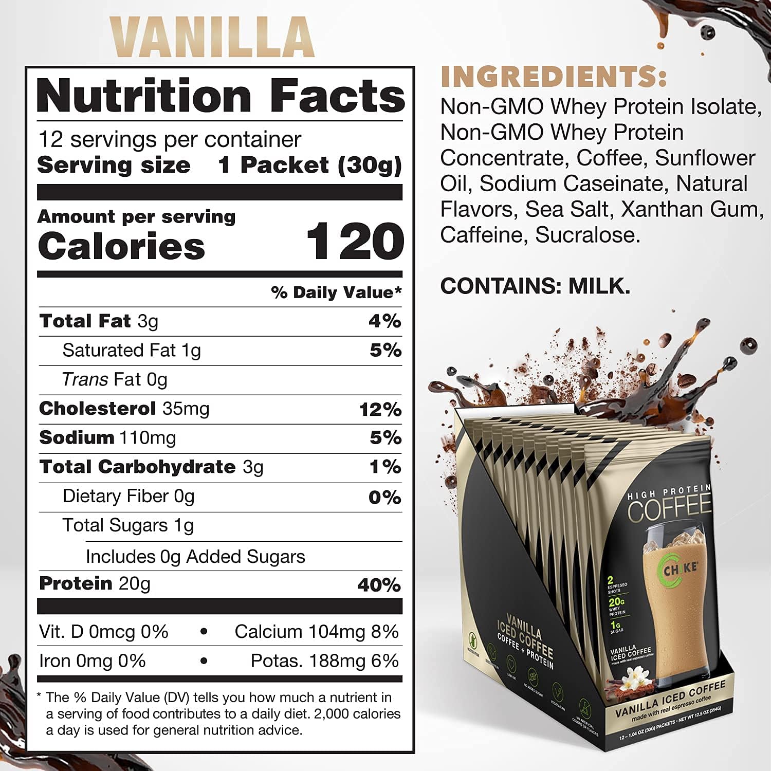 CHIKE Vanilla High Protein Iced Coffee, 20 G Protein, 2 Shots Espresso, 1 G Sugar, Keto Friendly and Gluten Free, 12 Single Serve Packets