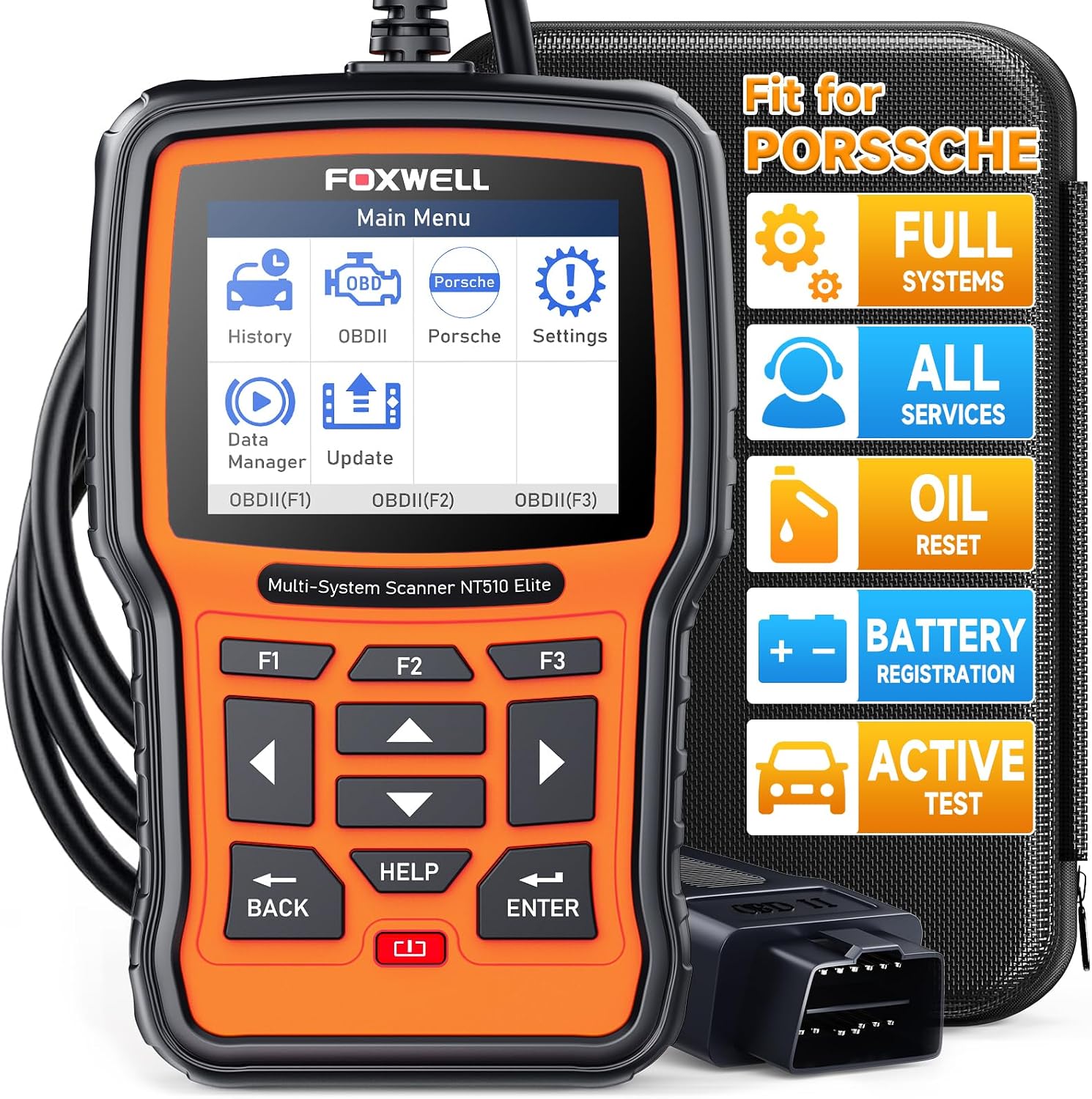 FOXWELL NT510 Elite OBD2 Scanner fit for Porsche Diagnostic Tool, Full System Bi-Directional Control Code Reader with All Reset Services