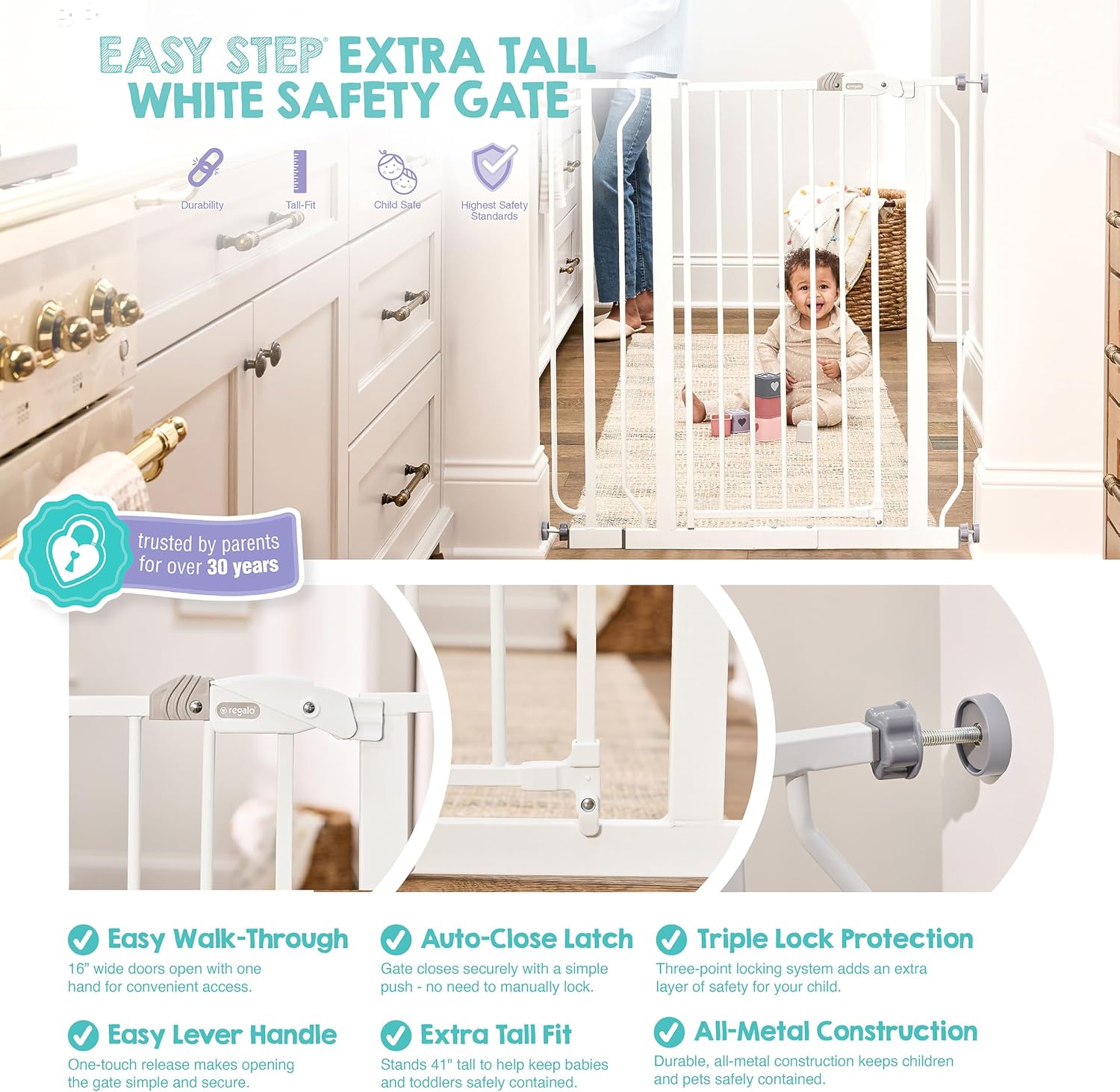 Regalo Safety 29"-49" Extra Wide Baby Gate, Bottom of Stairs & Doorways | Pressure Mounted with Door, For Babies, Toddlers & Pets, White, Tested & Trusted for 30 Years