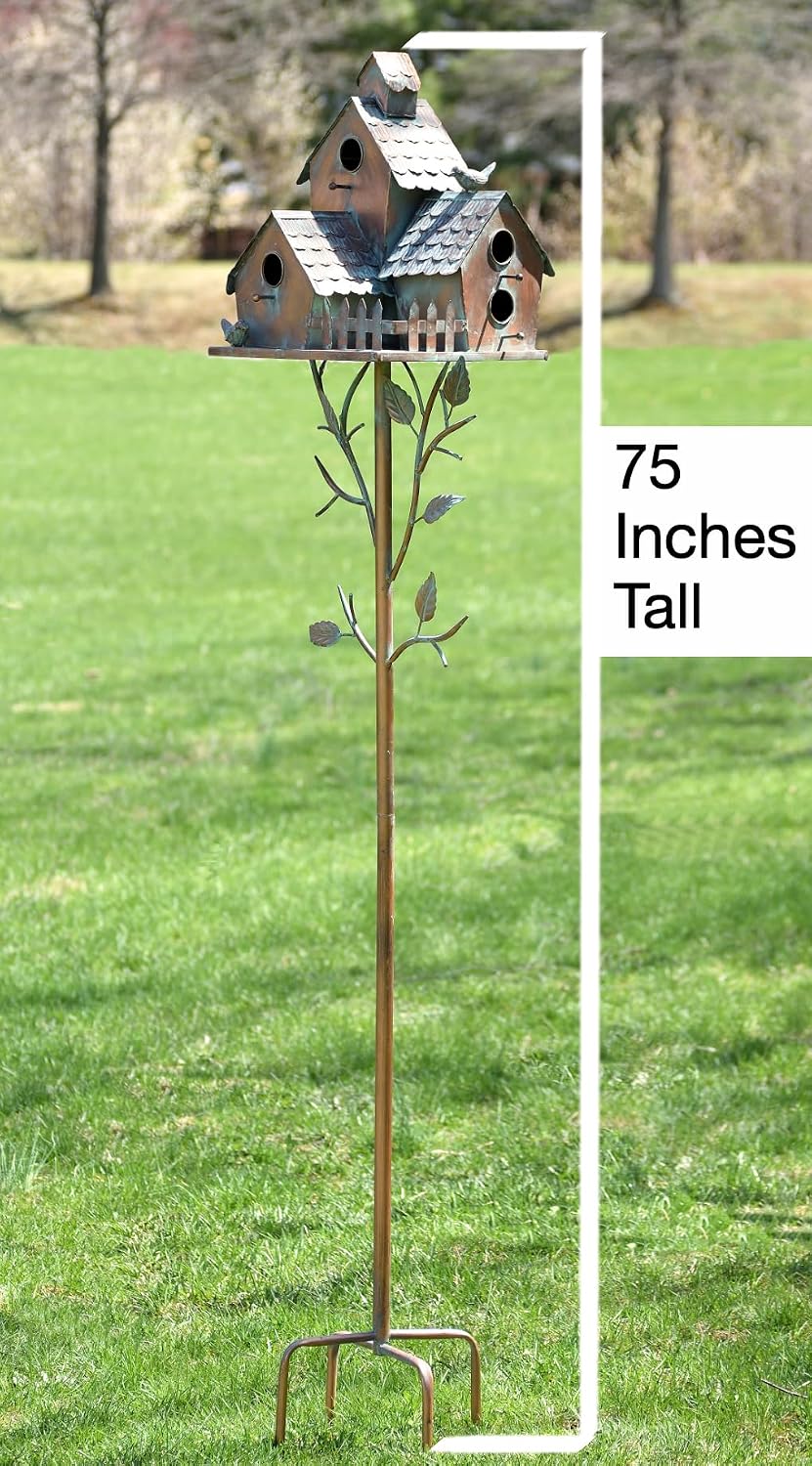 Large Copper Colored Multi-Birdhouse Stakes, Room for 4 Bird Families in Each (Cube Homes with Pyramid Roofs)