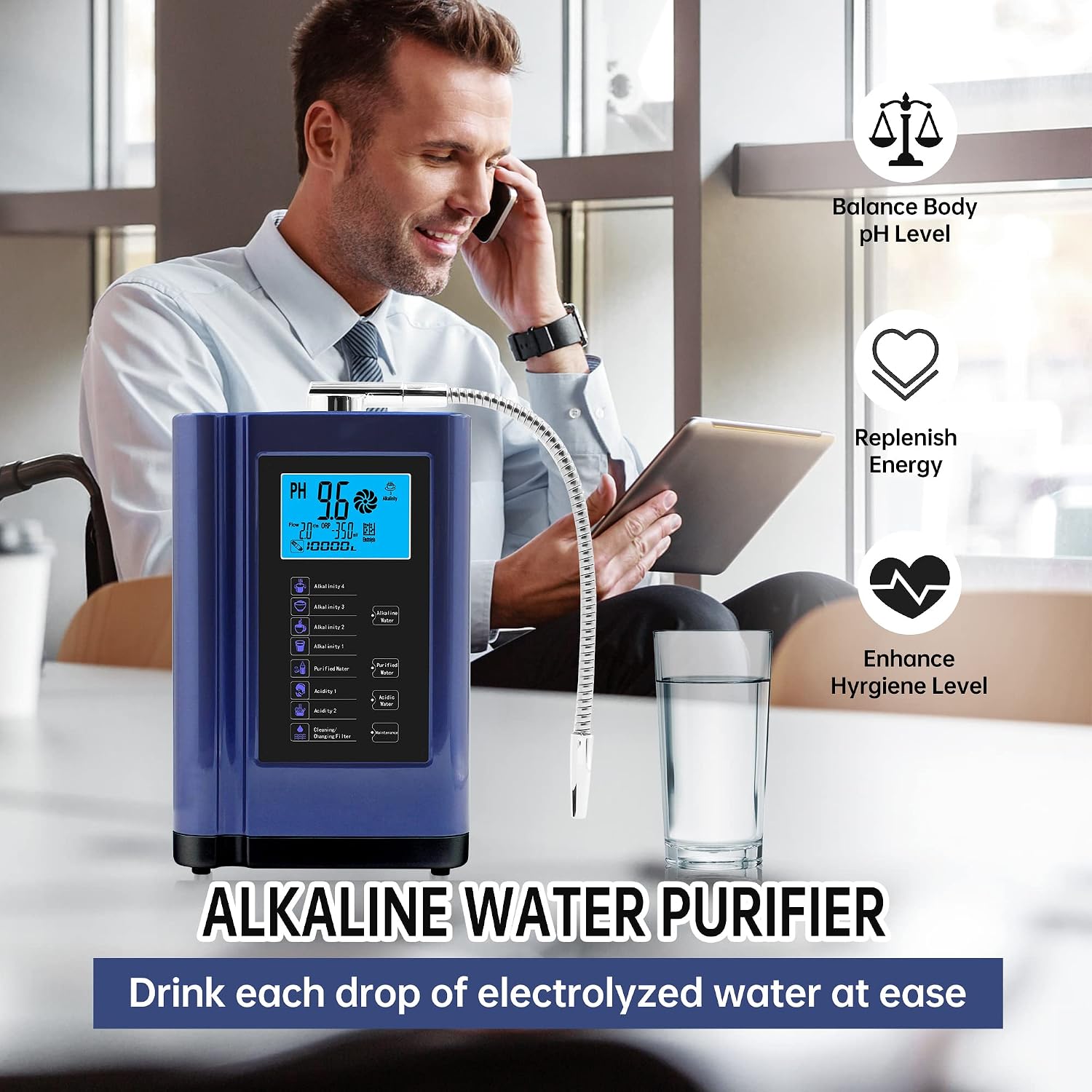 Water Ionizer, Water Purifier Machine PH 3.5-10.5 Alkaline Acid Water Machine, Up to -500mV ORP, 8000 Liters Per Filter, 7 Water Settings