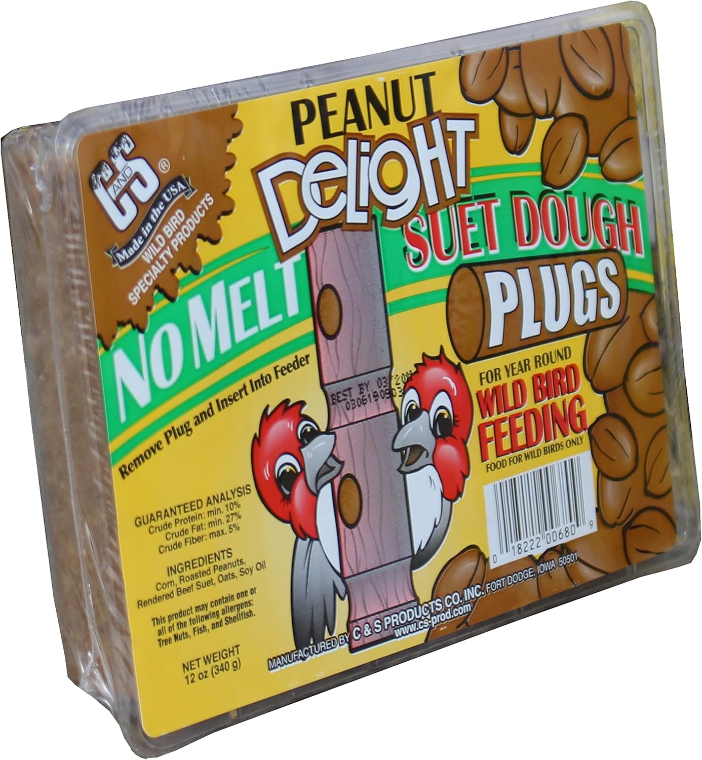 C&S Peanut Delight No Melt Suet Dough Plugs, Suet Plugs for Wild Birds, 12 Oz, 4 Count
