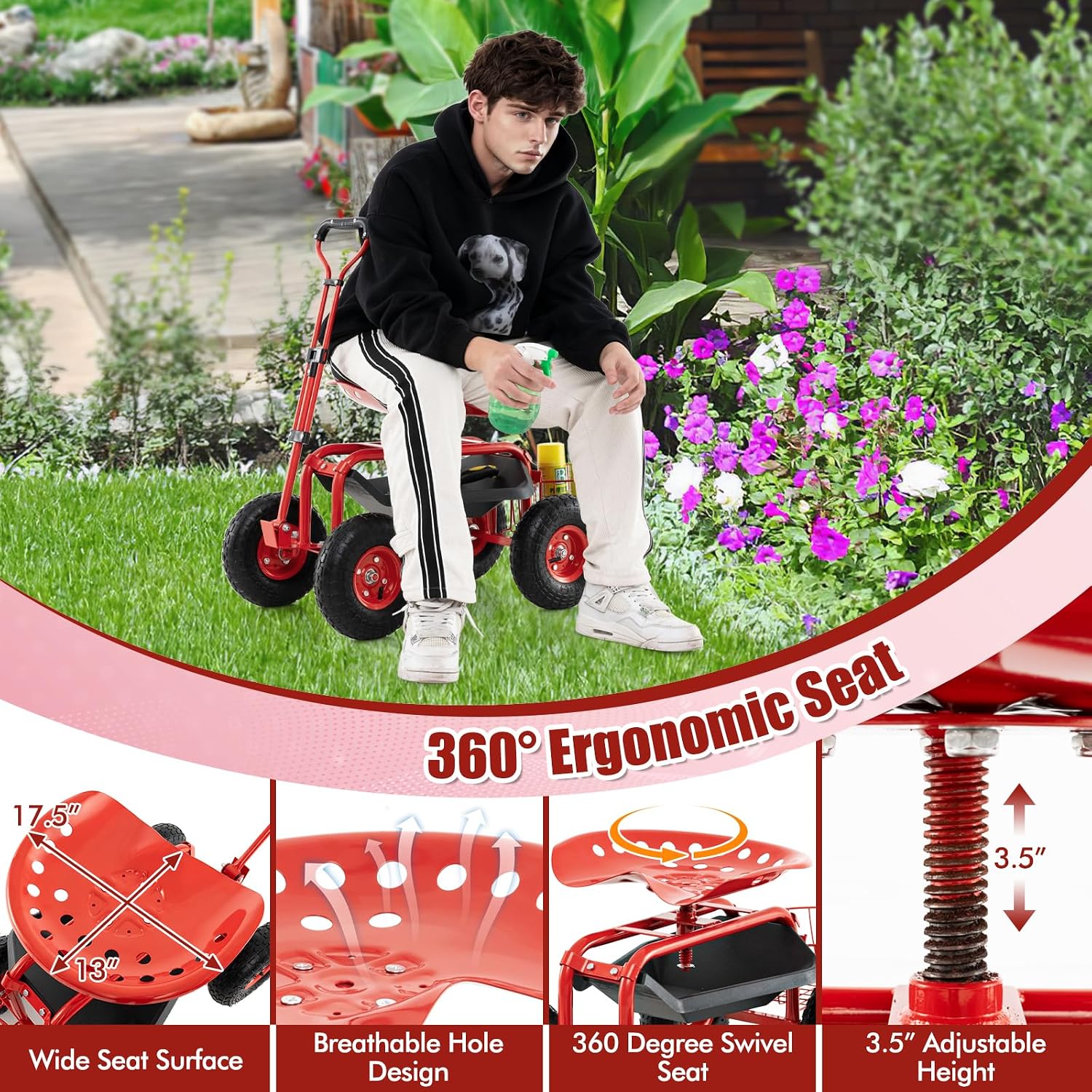 Goplus Rolling Garden Cart with Seat, Outdoor Garden Stool with Wheels, Tool Tray & Basket, Adjustable Steering Handle
