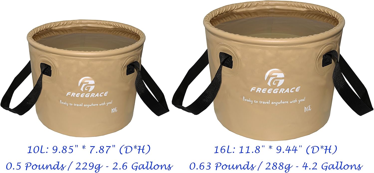 Freegrace Collapsible Bucket with Mesh Tool Pocket - 10L, 16L & 23L Portable Folding Water Container - Heavy Duty 500D Tarpaulin, BPA-Free Wash Basin for Camping, Fishing, RV, and Car Washing