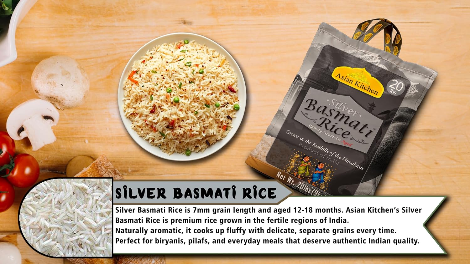 Asian Kitchen Platinum White Basmati Rice Extra Long Aged 20lbs (9.08kg) ~ All Natural | Gluten Friendly | Vegan | Indian Origin | Export Quality
