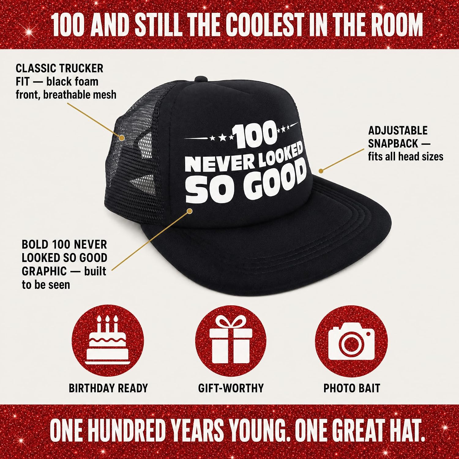 Sterling James Co. 100 Never Looked So Good Novelty Trucker Hat - Funny 100th Birthday Gifts for Him or Her - Birthday Party Decorations and