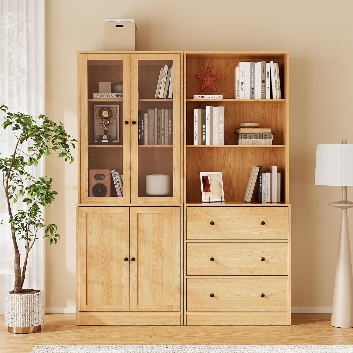 TUSY 71" H Bookcase with Storage | 6-Tier Modern Bookshelf with Drawers, Display Bookcase with Glass Doors, White Curio Cabinet for Home Office, Living Room