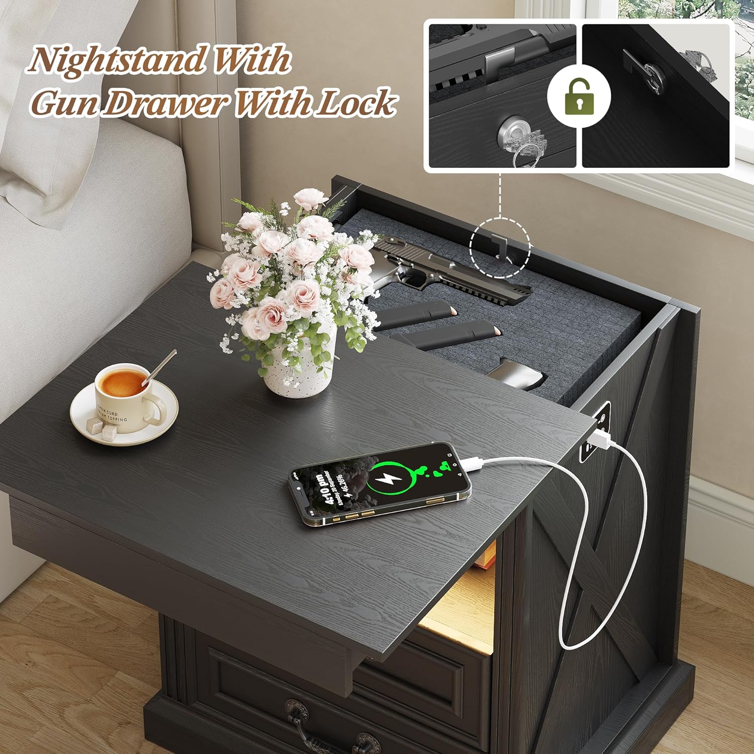 Dystler Nightstand with Hidden Gun Safe Drawer, Charging Station & LED Lights
