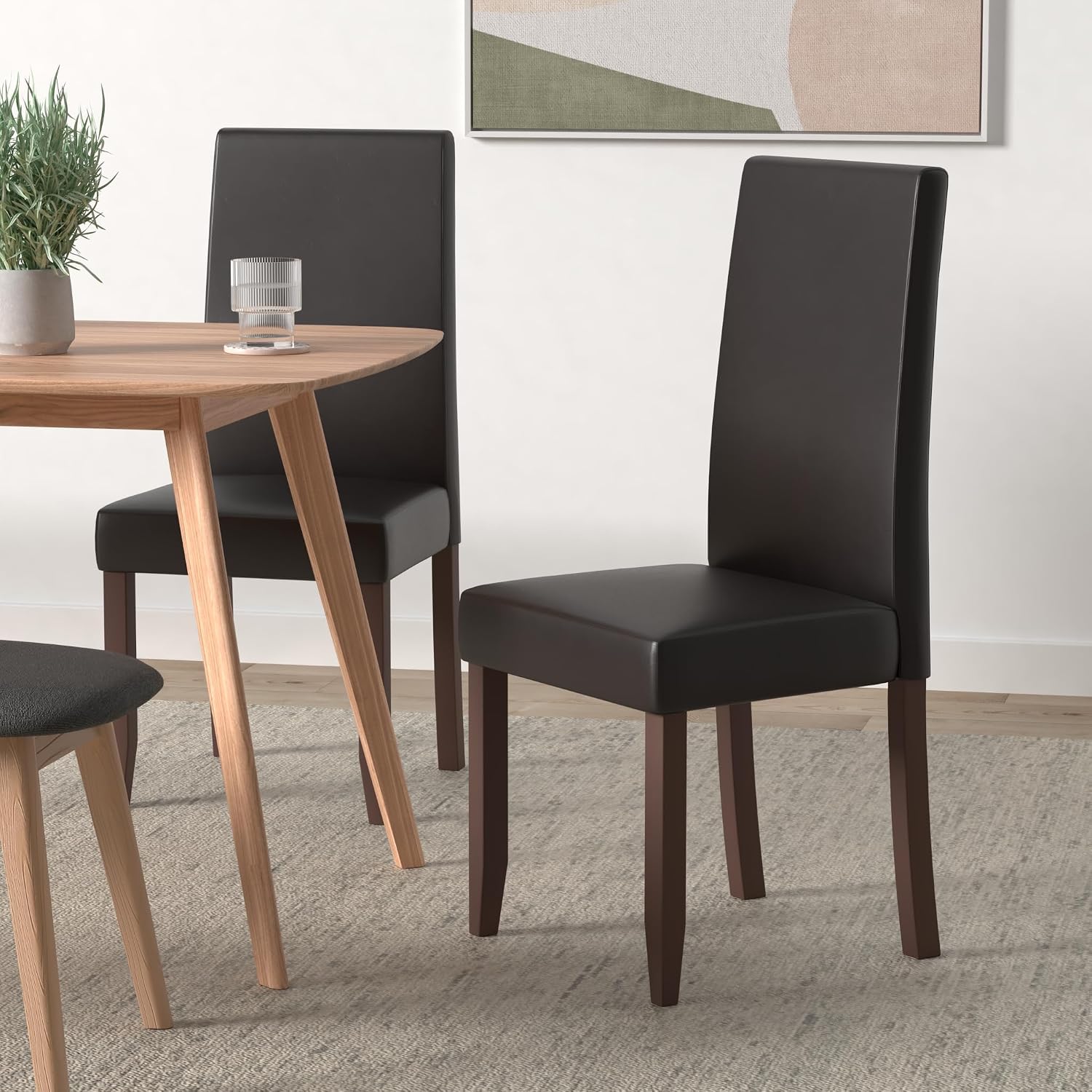 SIMPLIHOME Acadian Dining Chairs - Upholstered Solid Hardwood and Vegan Leather Parsons Chair Set in Midnight Black