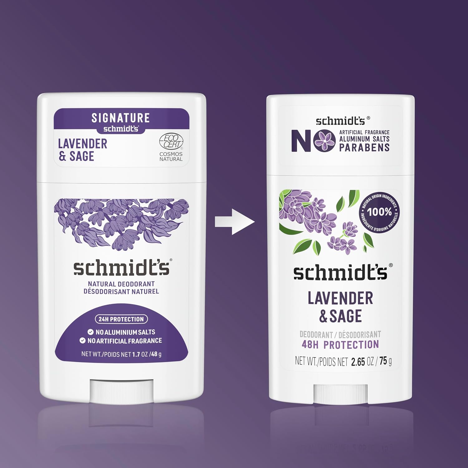 Schmidt's Aluminum-Free Vegan Deodorant Lavender & Sage with 24 Hour Odor Protection, for Women and Men, Natural Ingredients, Cruelty-Free, 2.65 oz