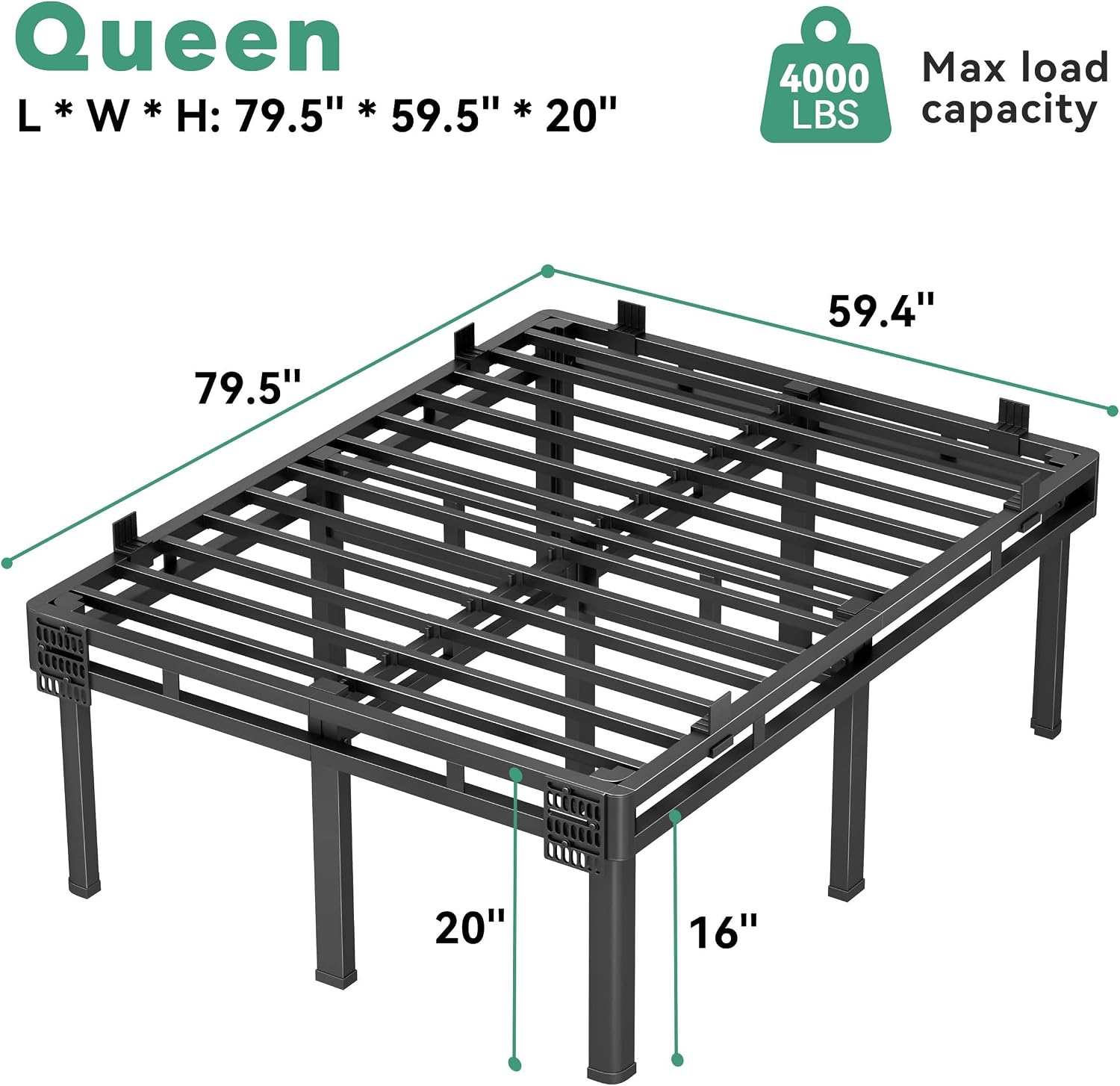 Superay 24 inch HIgh Queen Bed Frame with Rounded Legs, Double Layer Design | Metal Bed Frame & Box Spring 2 in 1 High Platform with Matress Gasket & headboard Adapter, Heavy Duty Support 4000lbs, Black