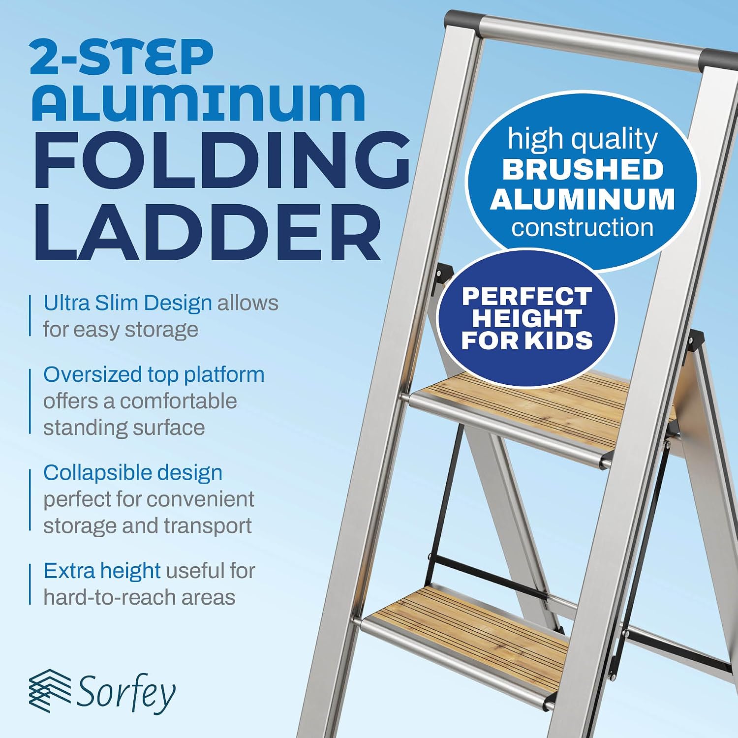 Step Ladder 2 Step Folding, Decorative - Beautiful Bamboo & Silver Aluminum, Ultra Slim Profile, Anti Slip Steps, Sturdy-Portable for Home, Office