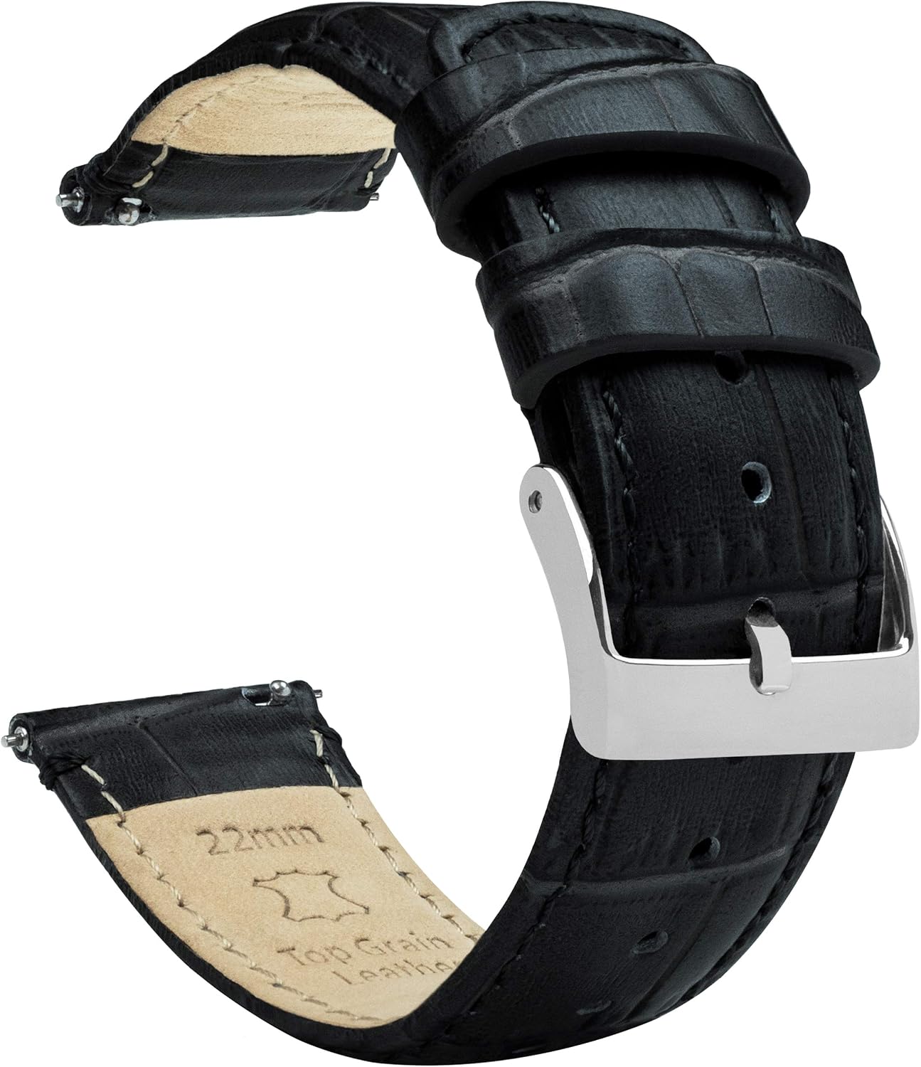 BARTON WATCH BANDS, 20mm Black - Long - Alligator Grain - Quick Release Leather Watch Bands