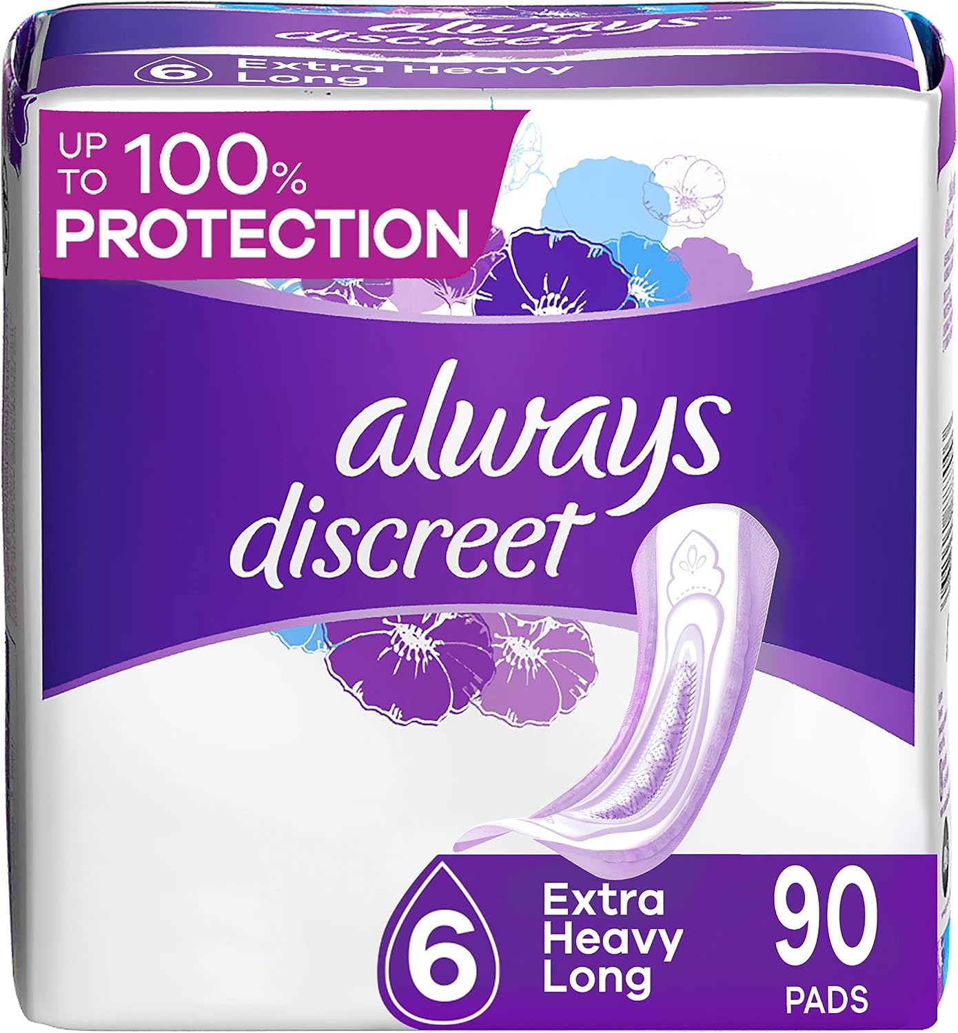 Always Discreet Adult Incontinence Pads for Women, Drier, 6 Drop Long Length, Extra Heavy Absorbency, Pads for Bladder Control Management, Bladder Leaks, & Postpartum Pads, 45ct