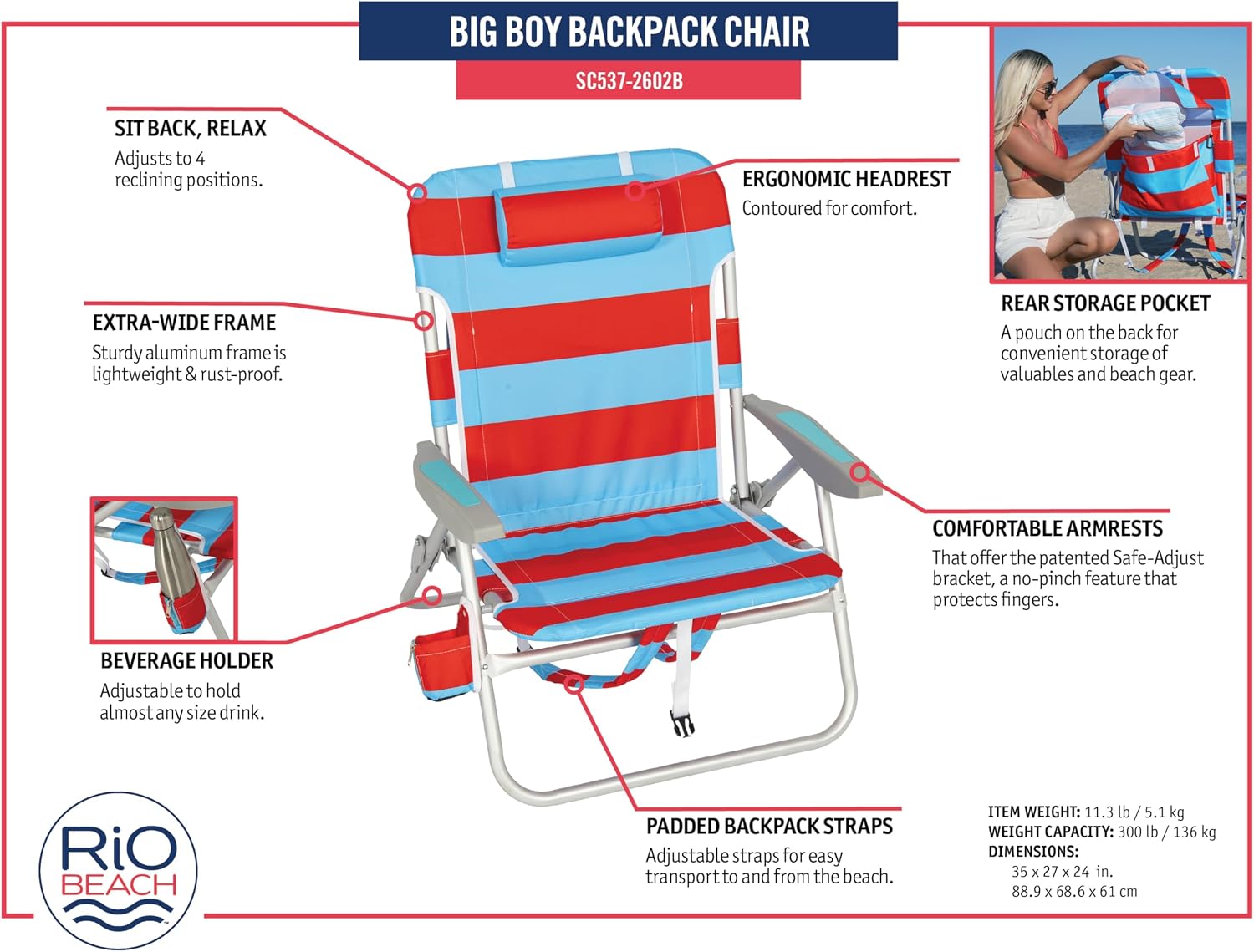 Rio Beach 2-Pack Wide Big Boy 4-Position Backpack Beach Chair with Pillow, Arms, and Storage Pouch, Lightweight Outdoor Portable Camping Chair with Carry Straps, Supports up to 300 lbs., Blue/Red