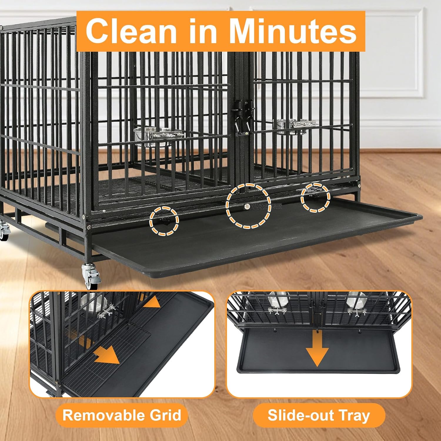 Homey Pet Three Tiers 43 inch Heavy Duty Dog Crate with Wheels, Dual Doors | Stackable Indestructible Steel Dog Cage Kennel Indoor with Divider, Trays, Bowls, Escape Proof Locks for Breeders and More
