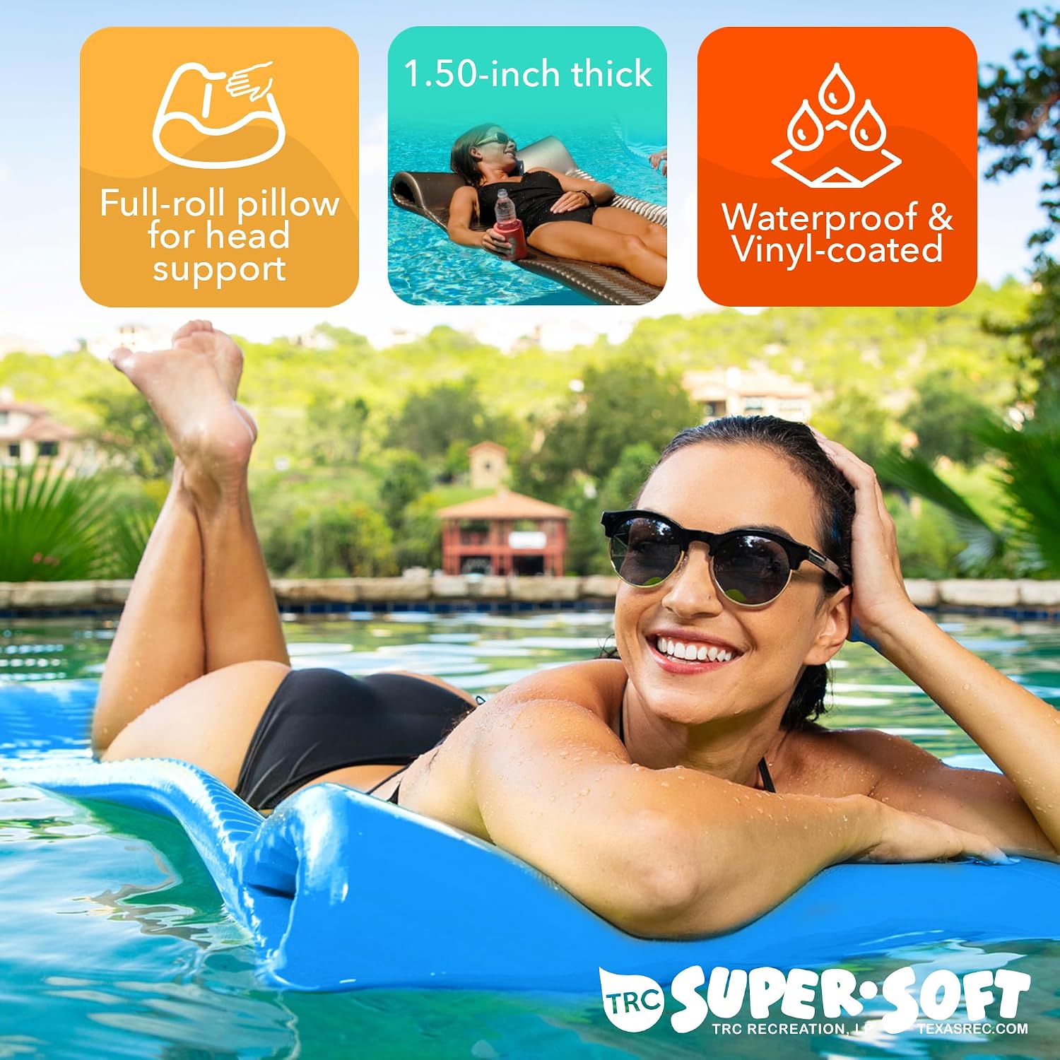 TRC Recreation Serenity 1.5” Thick Vinyl Coated Foam Swimming Pool Float Mat Adult Lounger with Built-in Roll Pillow
