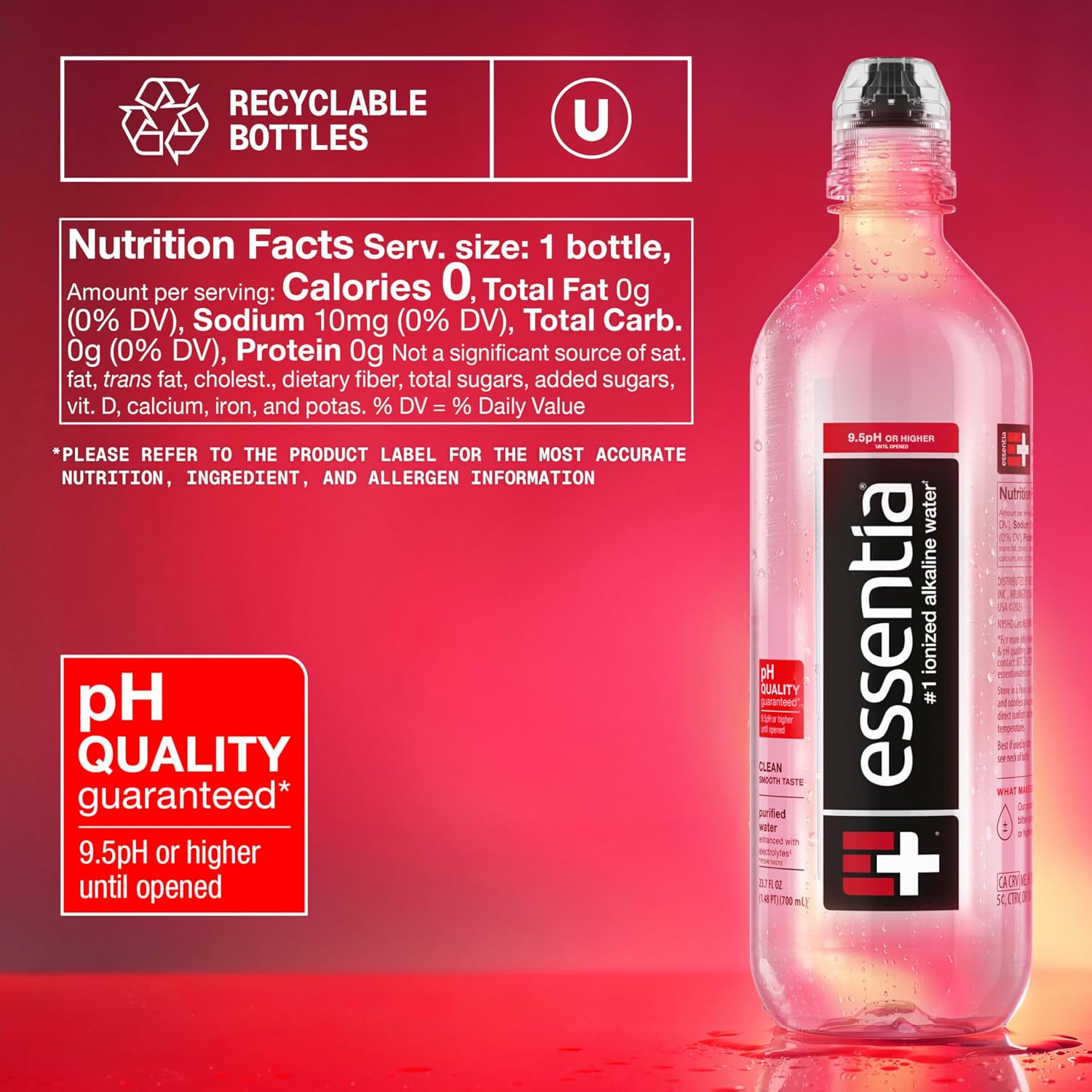 Essentia Water LLC, Ionized Alkaline Bottled Water; 99.9% Pure, Infused with Electrolytes, 9.5 pH or Higher a Clean, Smooth Taste, 20 Fl Oz (Pack of 24)