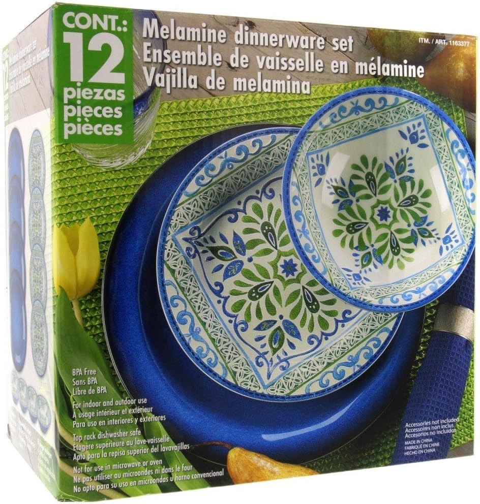 Melamine 12 Piece Dinnerware Set (Blue & Green) - Suitable Indoors and Outdoors