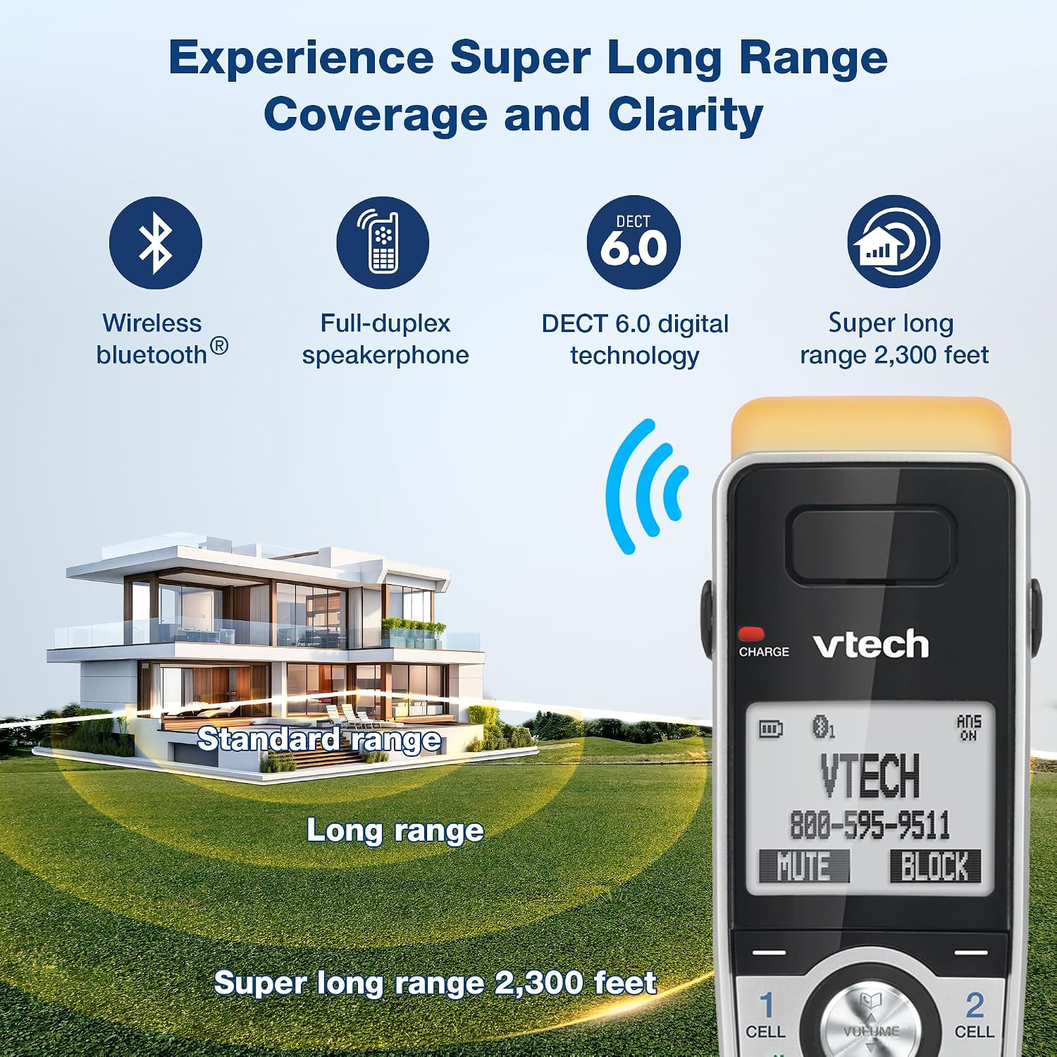 VTech IS8151-5 Super Long Range 5 Handset DECT 6.0 Cordless Phone for Home with Answering Machine, 2300 ft Range, Call Blocking, Bluetooth