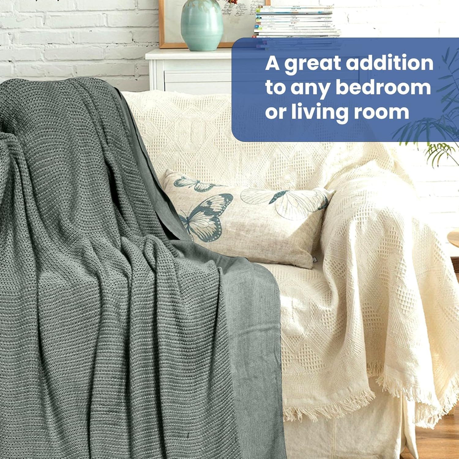 Linteum 100% Cotton Open-Cell Leno Weave Blanket — Breathable All Season — Queen 90x90 — Ice Grey