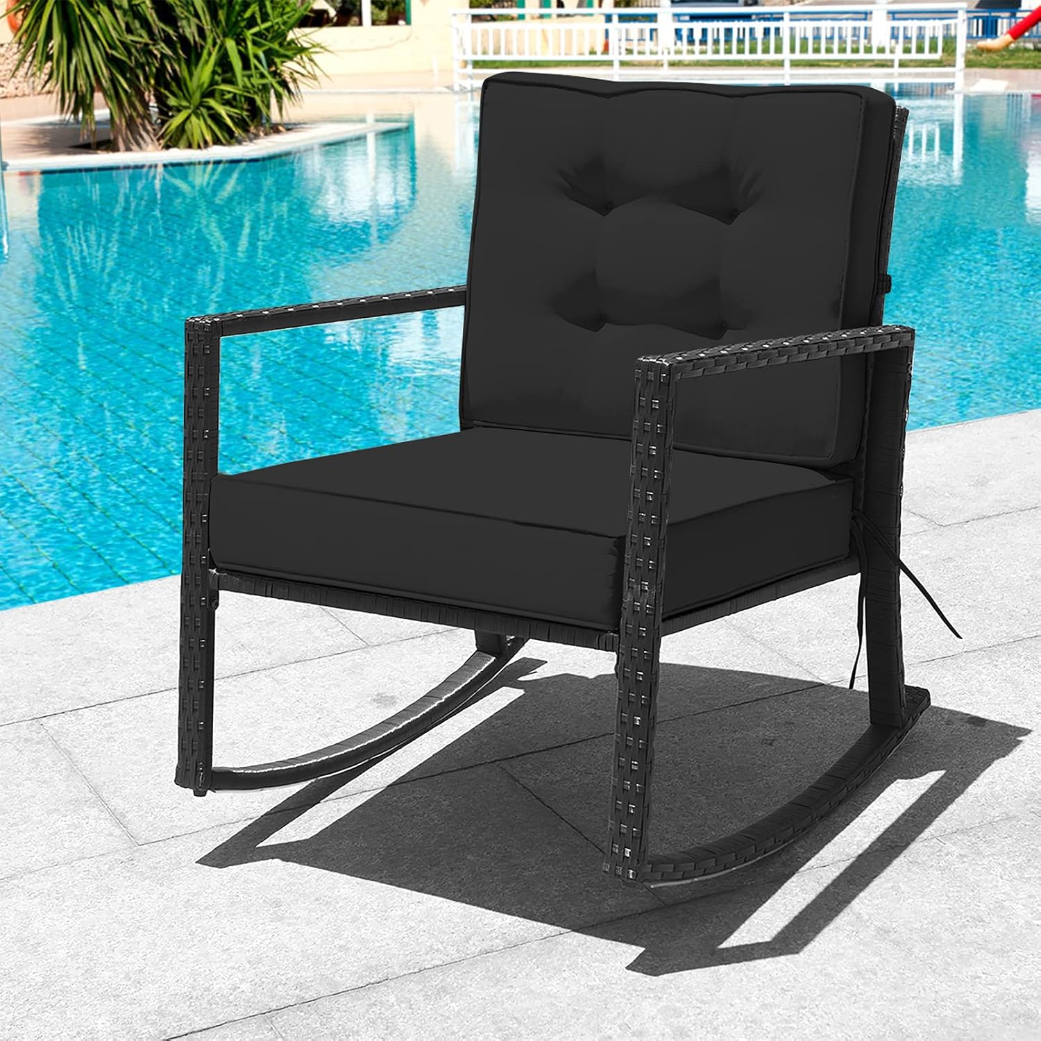Tangkula Wicker Rocking Chair, Outdoor Glider Rattan Rocker Chair with Heavy-Duty Steel Frame