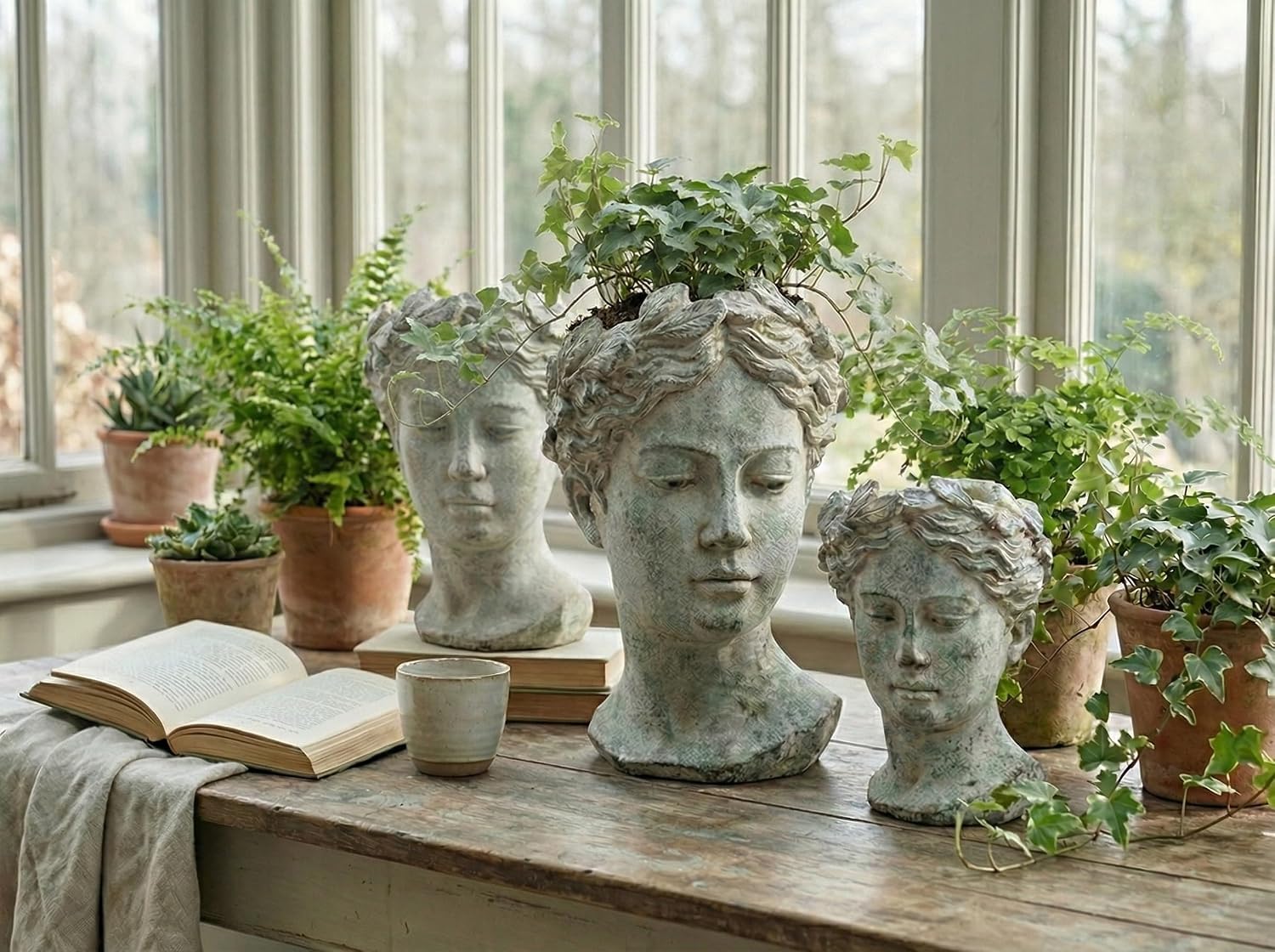 Abbott Collection Large Woman Head Planter | Hand-Finished Greco-Roman Style, Indoor & Outdoor, For Flowers & Succulents, Cement, Gray, 10"H