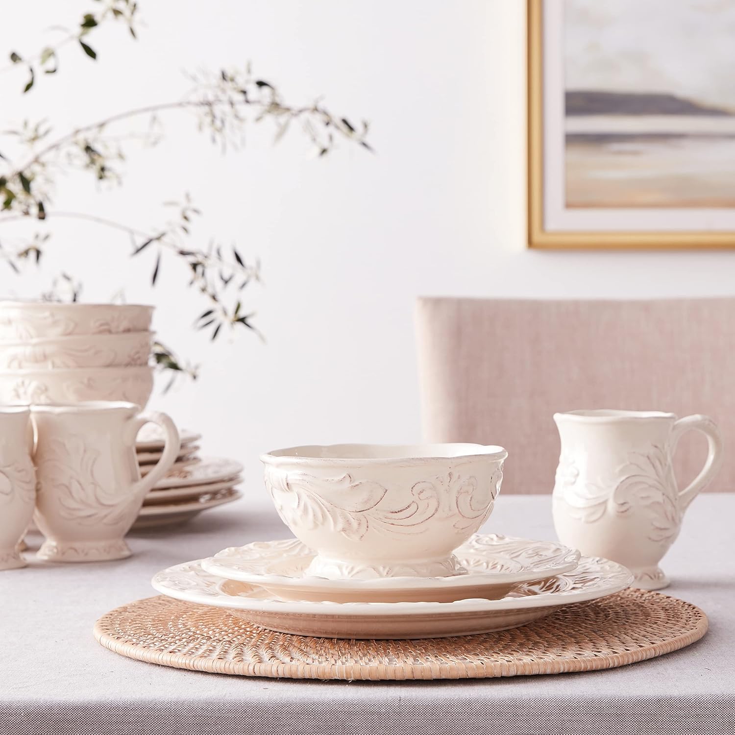 Firenze Ivory 16-Piece Ceramic Dinnerware Set, Service for 4 – Embossed Plates