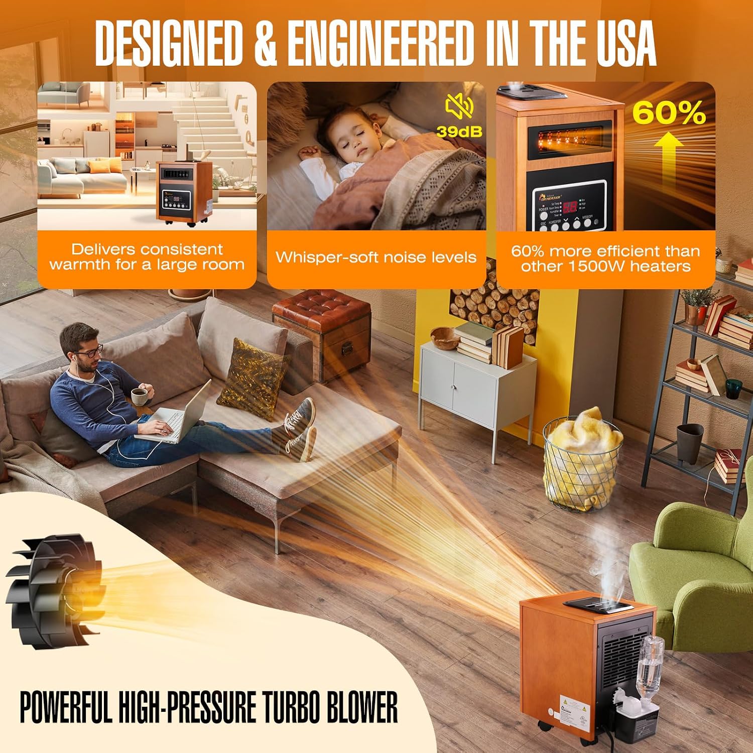 DR. INFRARED HEATER DR-998, 1500W Dual Heating Infrared Space Heater with Humidifier, Oscillation, Remote Control, Thermostat & Safety Protection, Portable with Wheels, Energy Efficient, Cherry