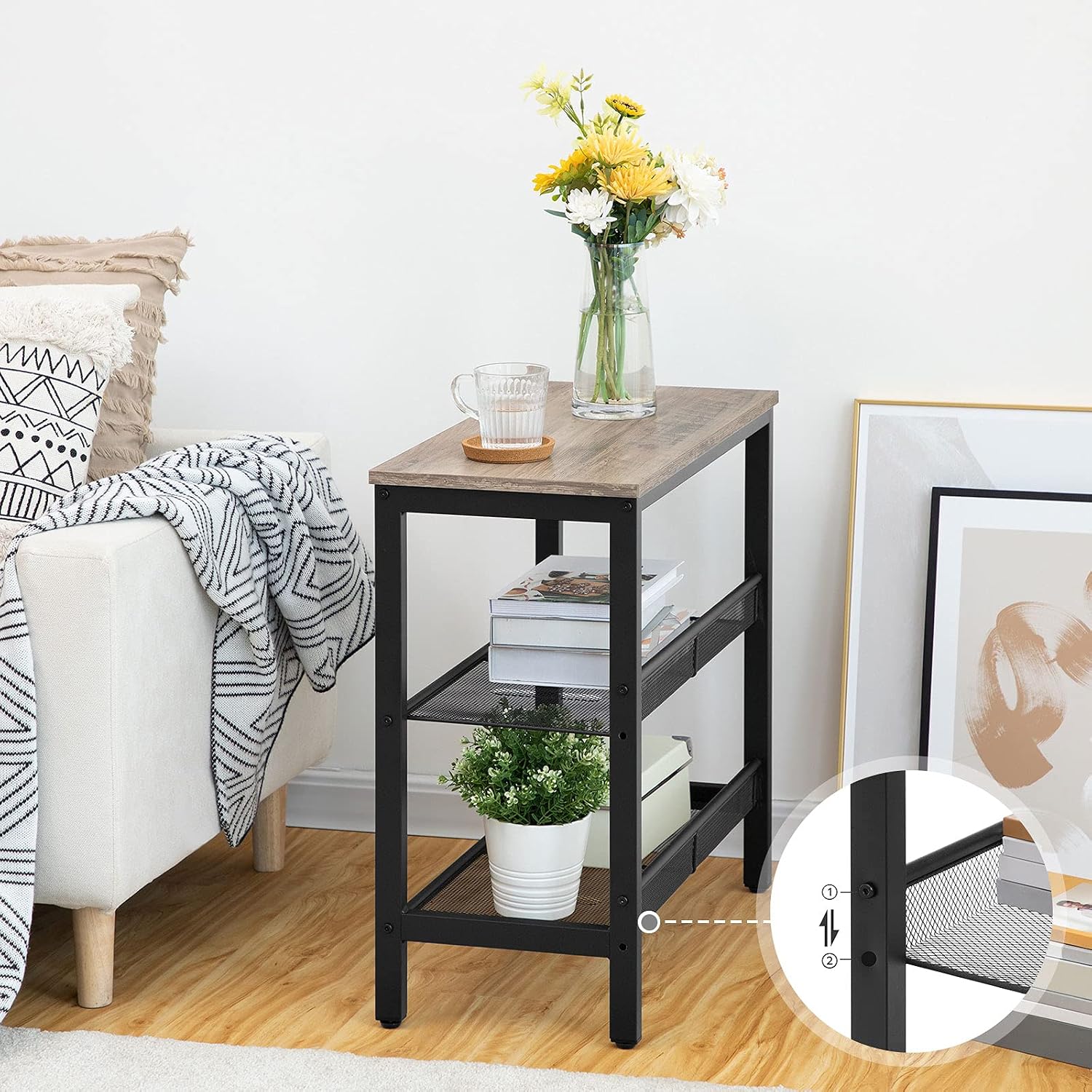 HOOBRO End Table, 3-Tier Narrow Side Table, Nightstand with 2 Flat or Slant Adjustable Shelves for Small Spaces, Hallway, Living Room, Bedroom, Sturdy