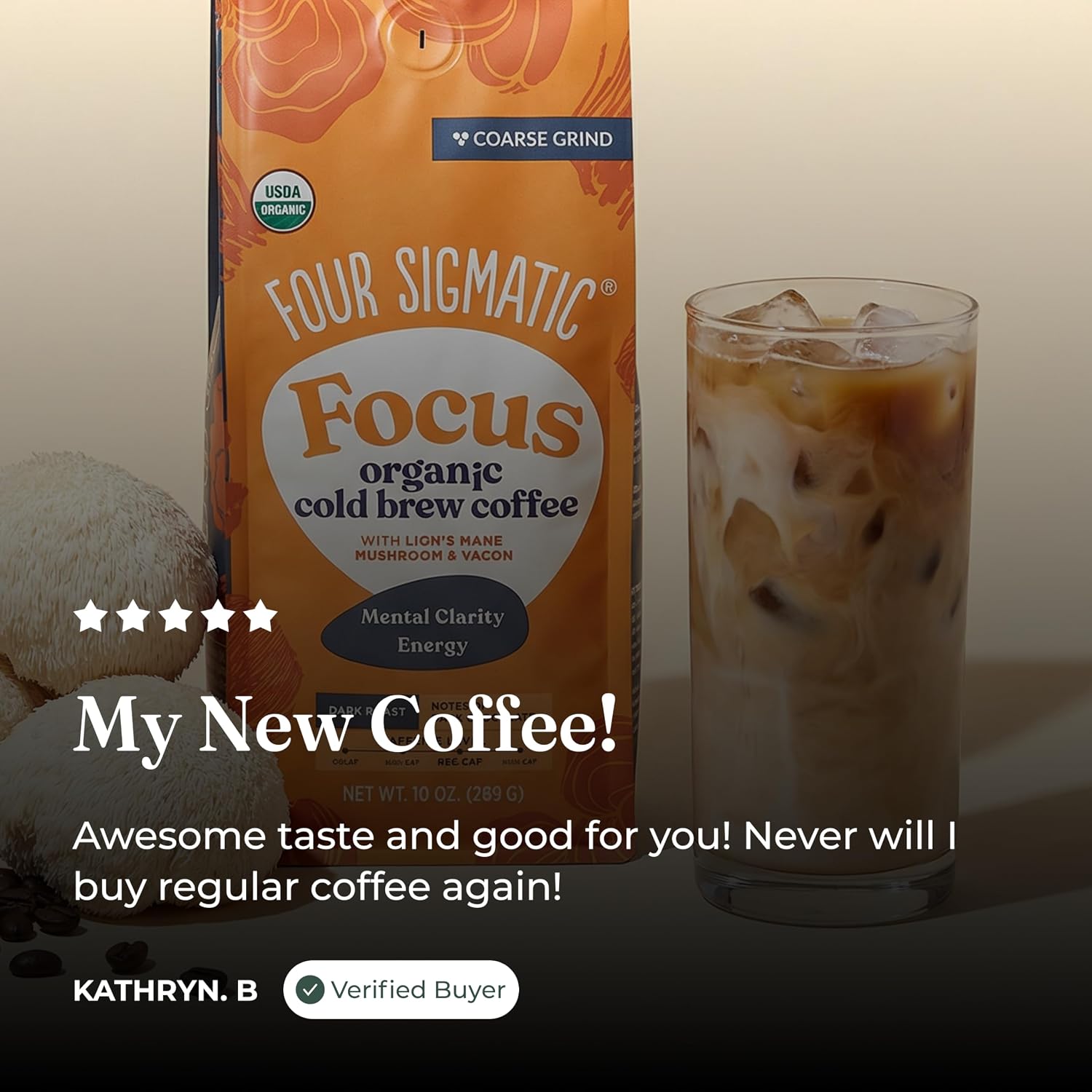 Four Sigmatic Organic Focus Mushroom Ground Coffee | Dark Roast, Organic Coffee with Lion's Mane & Chaga Mushroom for Mental Clarity & Energy Support | 12oz Bag