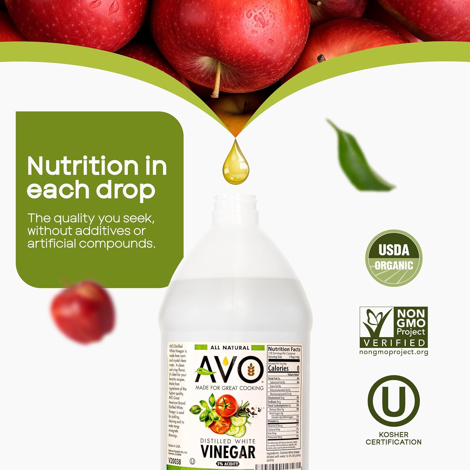 AVO Distilled White Vinegar 1 Gallon (128 oz) - 5% Acidity, Pure Natural White Vinegar Gallon