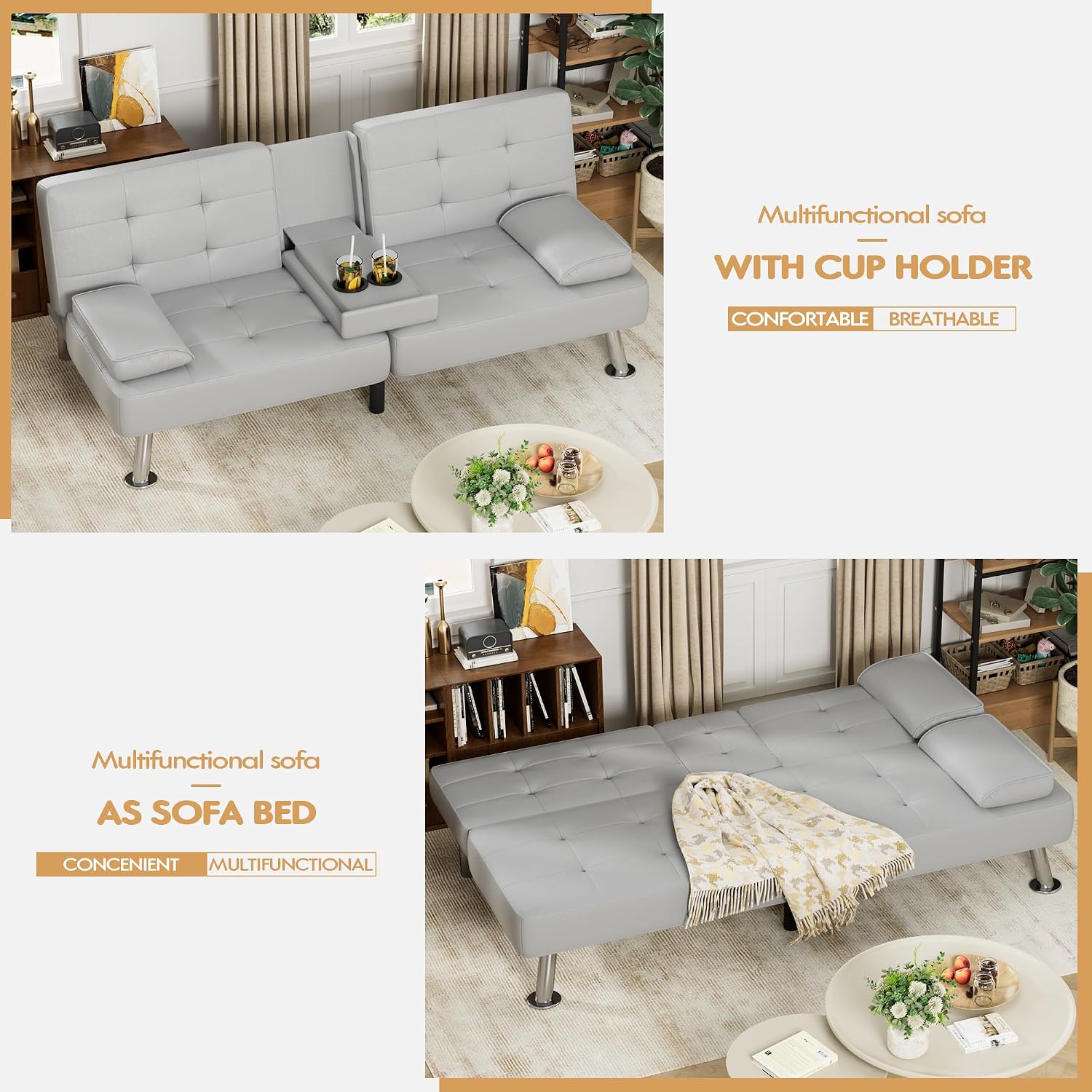 JUMMICO Faux Leather Futon Sofa Bed, Sleeper Sofa with Adjustable Backrest