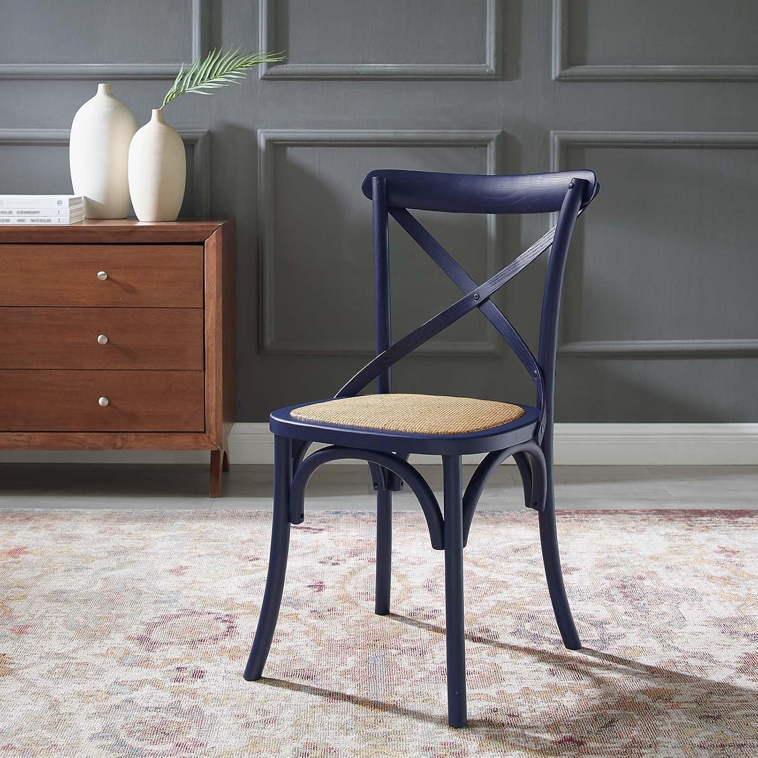 Modway Gear Rustic Modern Farmhouse Elm Wood Rattan Dining Chair in Gray