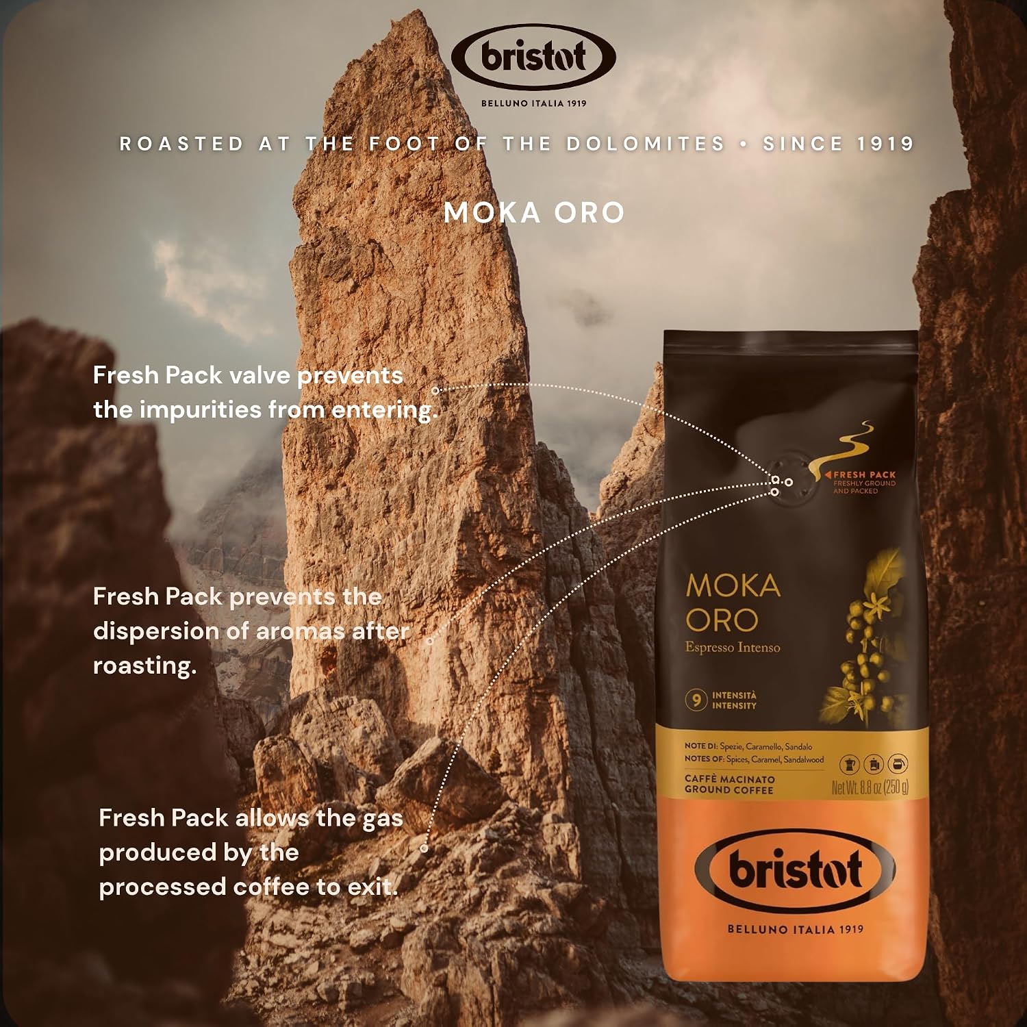 Bristot Espresso Cremoso Italiano Ground Coffee – Medium Roast, Rich & Smooth – 8.8oz (250g) Bag – Italian Ground Espresso for Home Machines