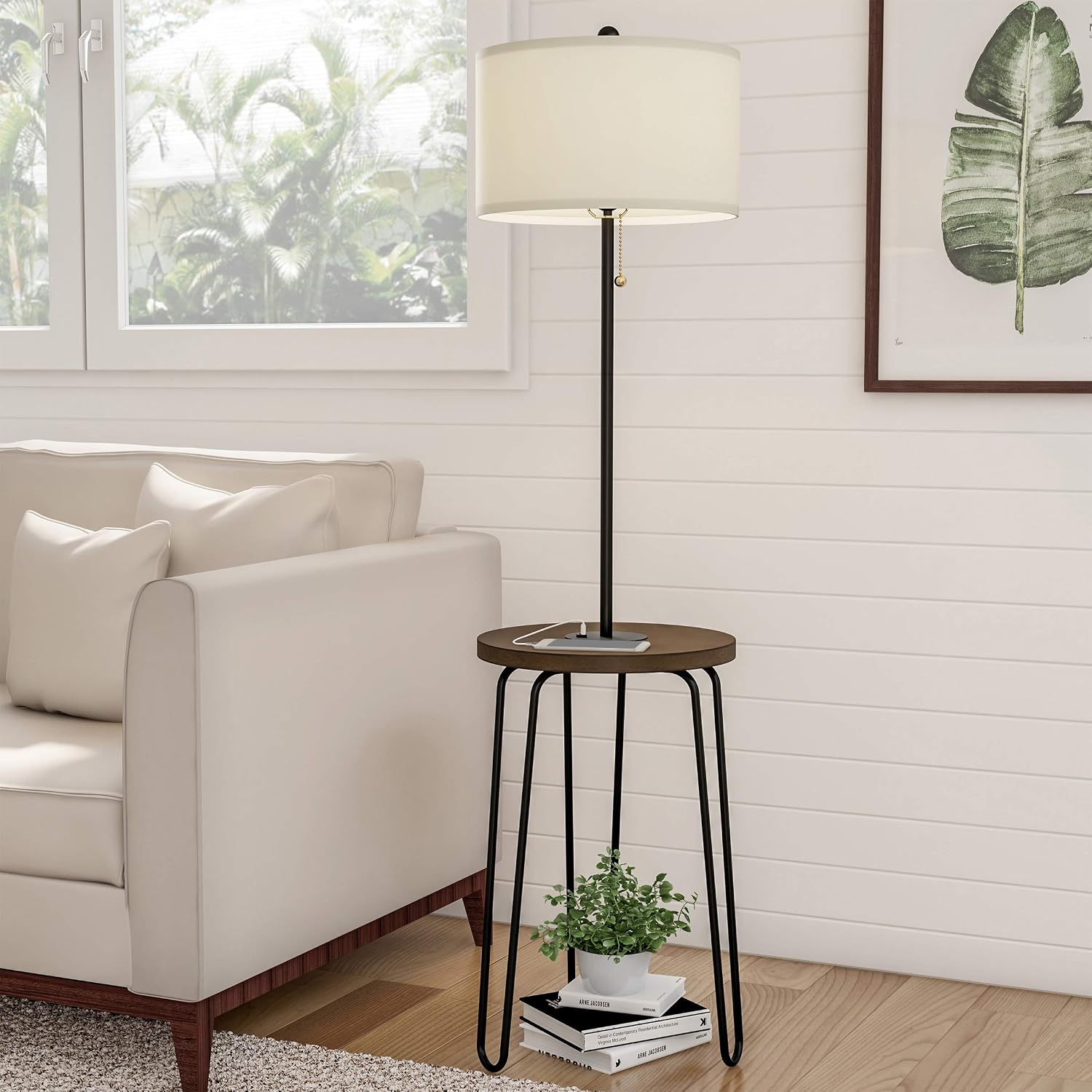 Lavish Home Floor Lamp with Built-In End Table, Brown/Black, 17” x 59” | Modern Side Table with USB Charging Port, LED Bulb, and Hairpin Legs