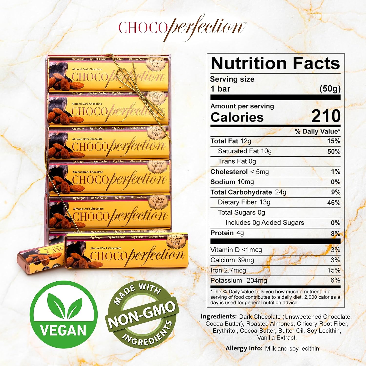 ChocoPerfection Zero Sugar Dark Almond Chocolate - Keto Bars 12 Pack 50G