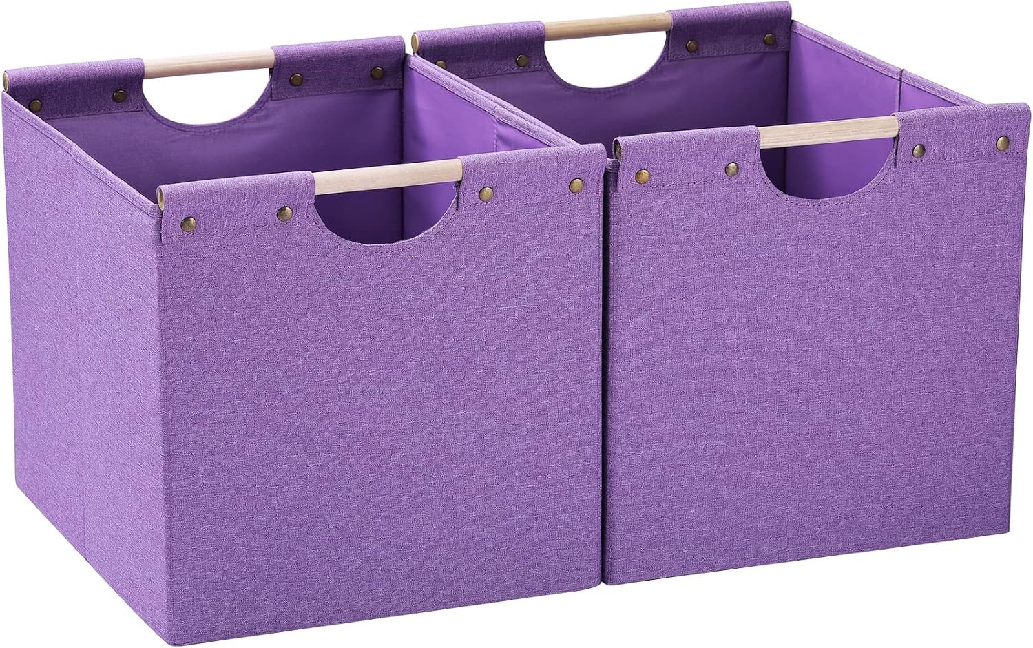 HOONEX Large Collapsible Storage Bins, Linen Fabric, 2 Pack, Storage Baskets with Wooden Carry Handles and Sturdy Heavy Cardboard, for Home, Office