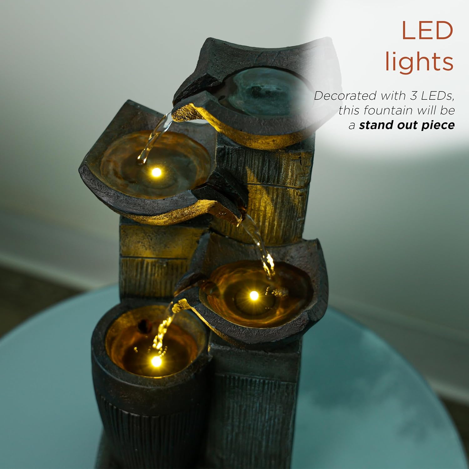 Alpine Corporation WIN326 Indoor Tabletop Light-Up Tiered Rainforest Tree Trunk Water Fountain with LED Lights, 11", Brown