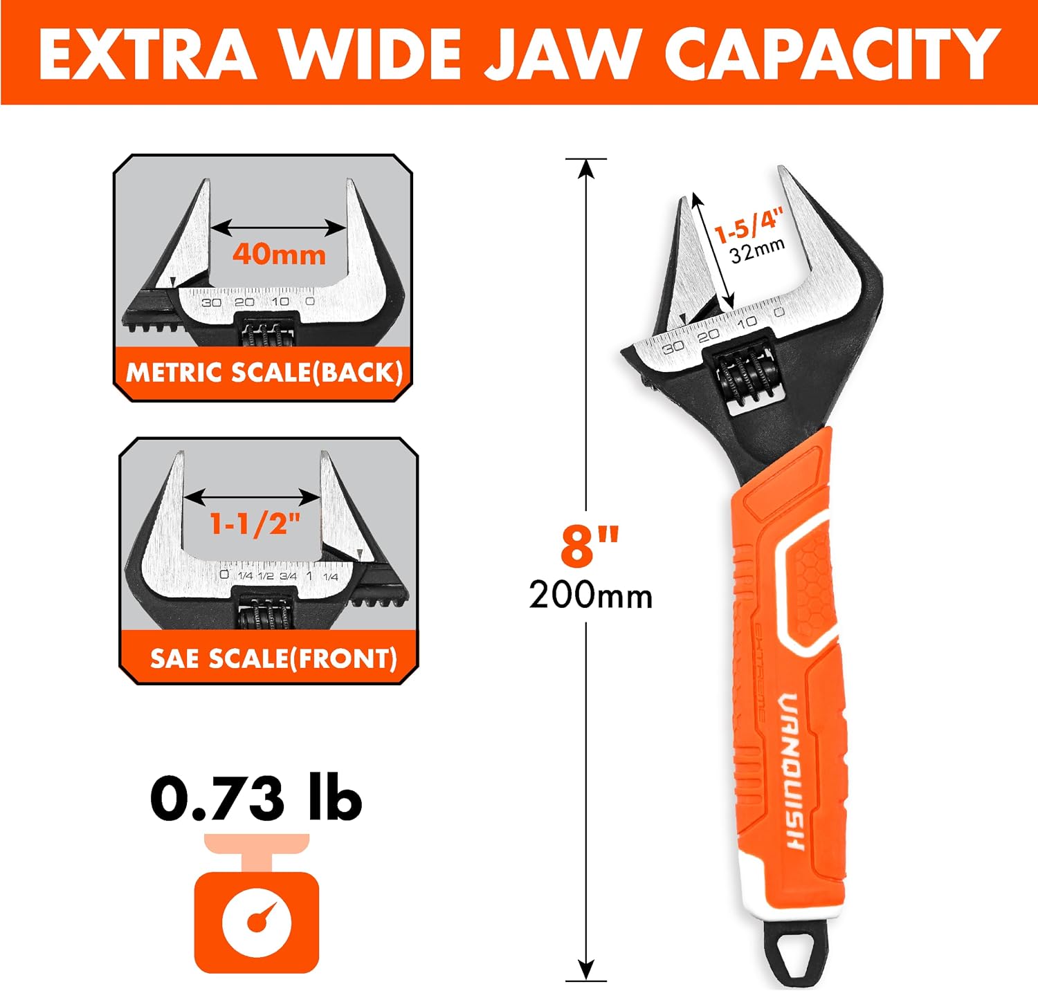 VANQUISH 12 Inch Adjustable Wrench, 2-3/8” Wide Jaw Opening Plumbing Wrench, CR-V Steel, SAE and Metric Scale Marked, With Comfort Grip Handle and Hanging Hole (3154)
