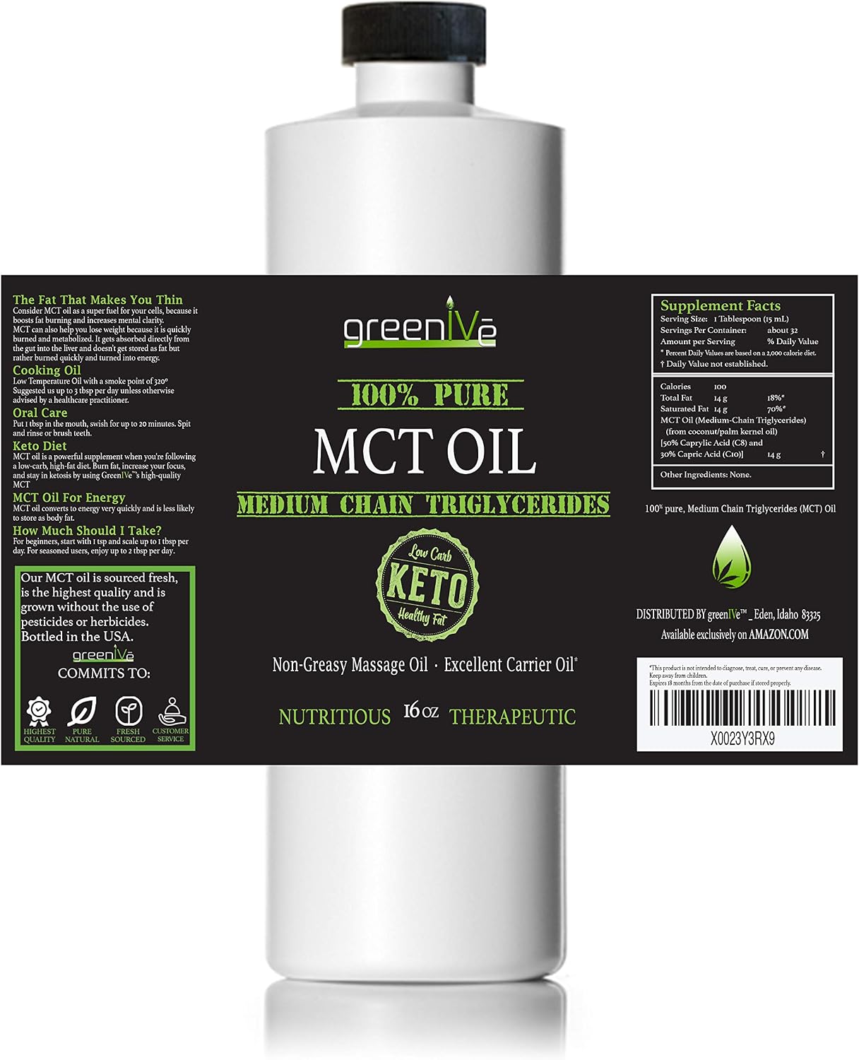 MCT Oil 100% Pure C8 C10 Caprylic Capric Acid Non-GMO Keto Paleo Bulletproof Coffee Creamer Energy Fuel Carrier Oil Skin Hair Massage Oil