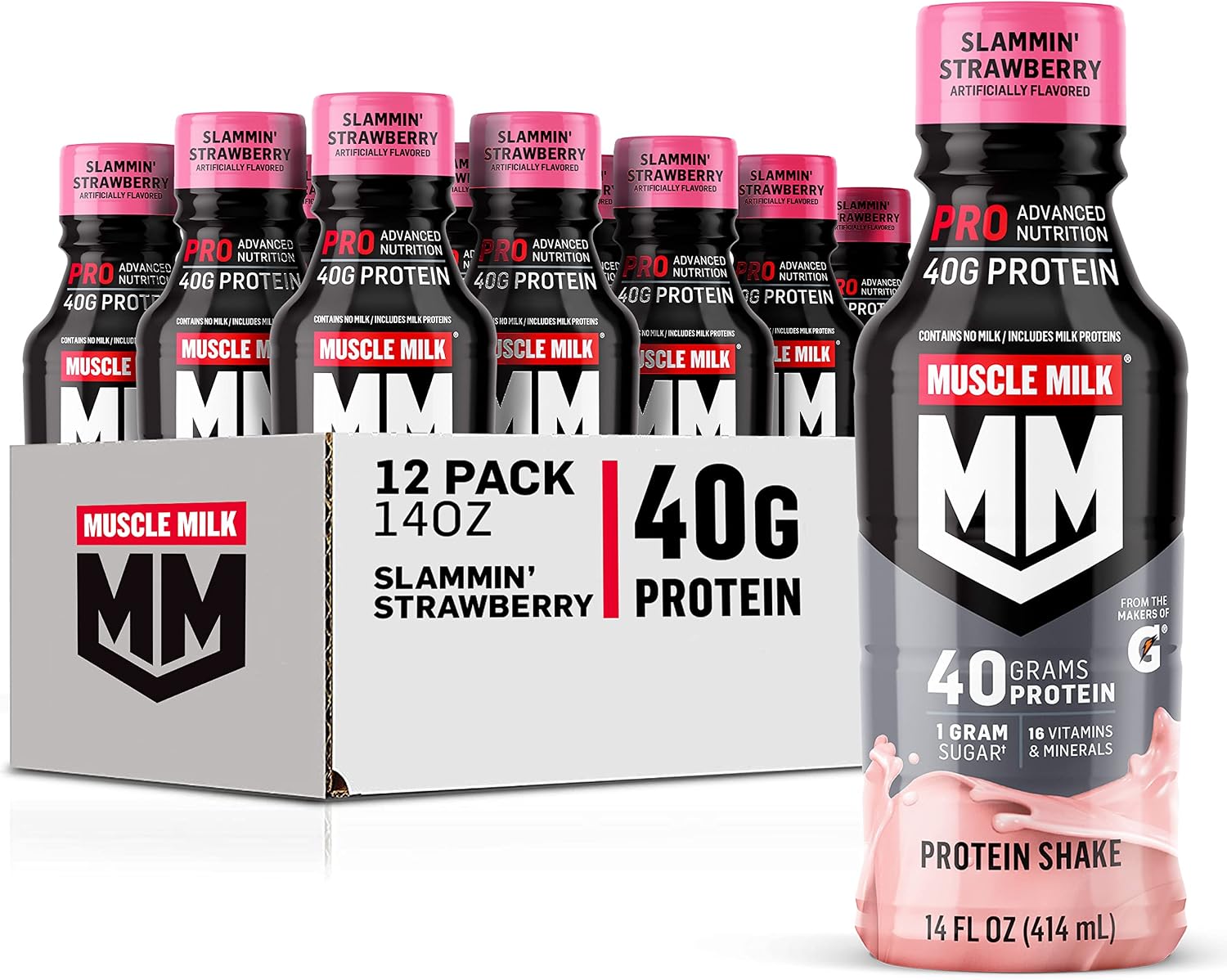 Muscle Milk Pro Advanced Nutrition Protein Shake, Knockout Chocolate, 14 Fl Oz Bottle, 12 Pack, 40g Protein, 1g Sugar, 16 Vitamins & Minerals, 6g Fiber, Workout Recovery, Packaging May Vary