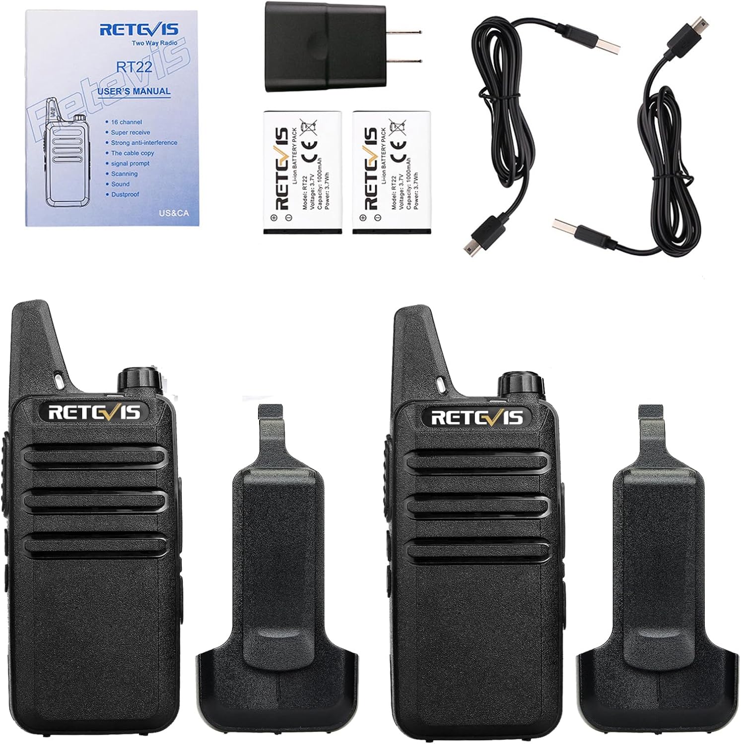 Retevis RT22 Walkie Talkies Long Range Rechargeable with Earpiece (2 Pack) | Slim & Lightweight 2 Way Radio For Camping & Hiking, Pocket-Friendly Antenna, Ready to Use, 10-Hour Battery, USB-C Charging