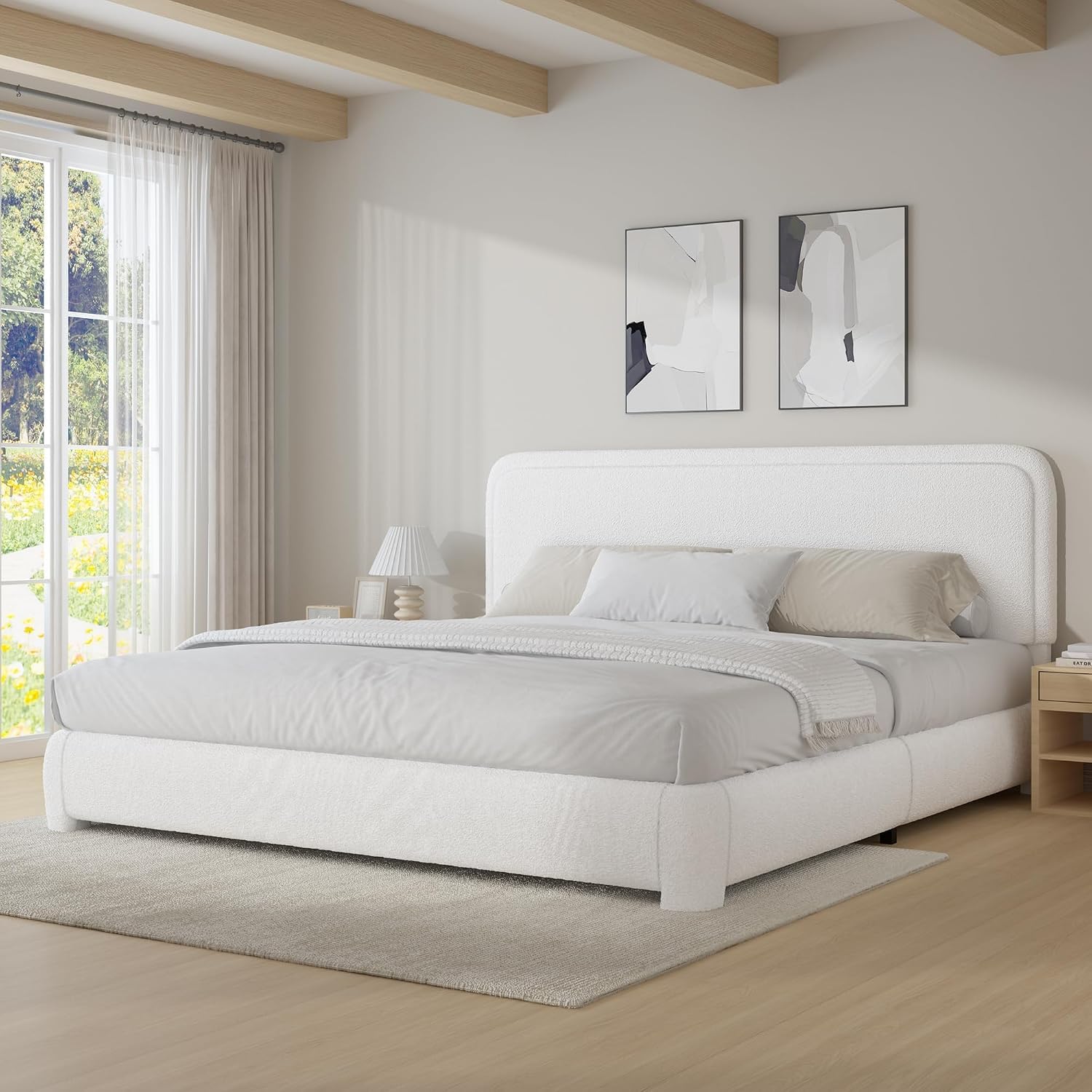 BarnFurin Full Bed Frame, Cloud Boucle Headboard, Rounded Corners, White | Soft boucle and rounded edges create a low-profile cloud look. Wooden slats support the mattress without a box spring