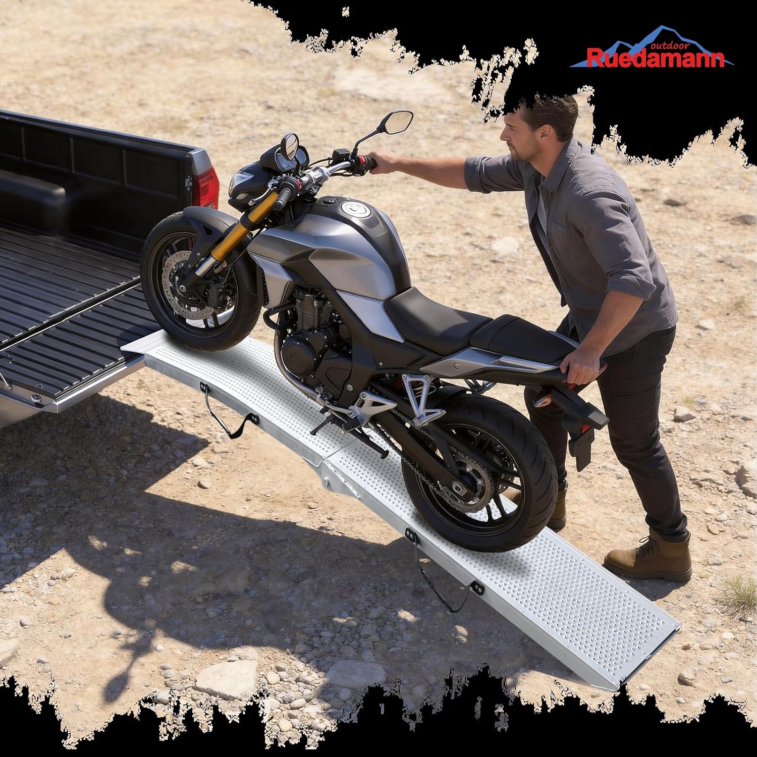 Ruedamann 7.5FT Aluminum Motorcycle Ramp, 750 lbs Capacity, 1 PC | Folding Truck Ramp for ATV, Motorcycle, Lawn Mower, Bike Ramp for Truck, Anti-Slip Loading Ramp for Dirt Bike
