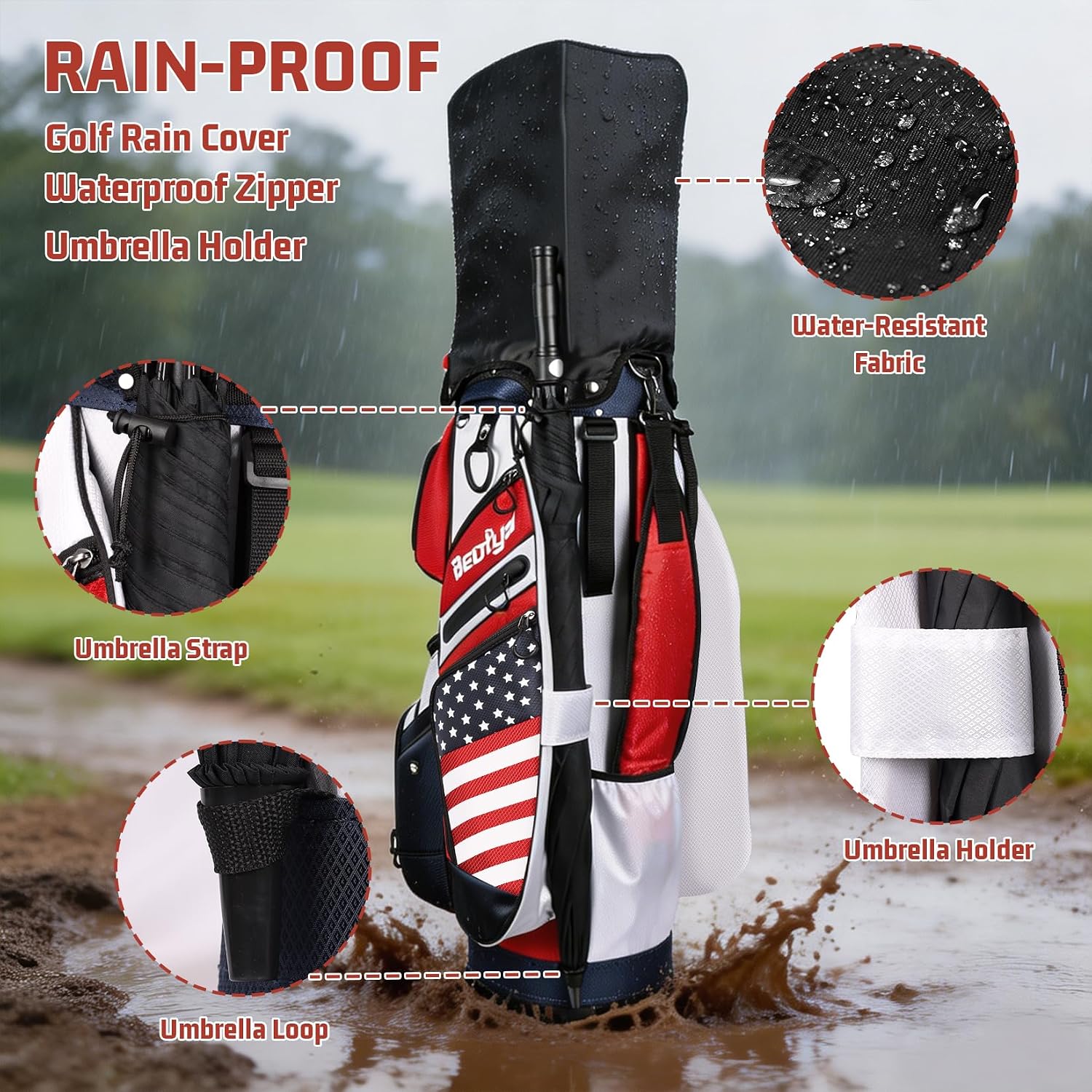 T Lock Golf Cart Bag, 14 Way Full Length Divider Golf Bag for Men | USA Flag Design, 14 Way Full Length Dividers, T Lock Compatible, Cooler Pocket