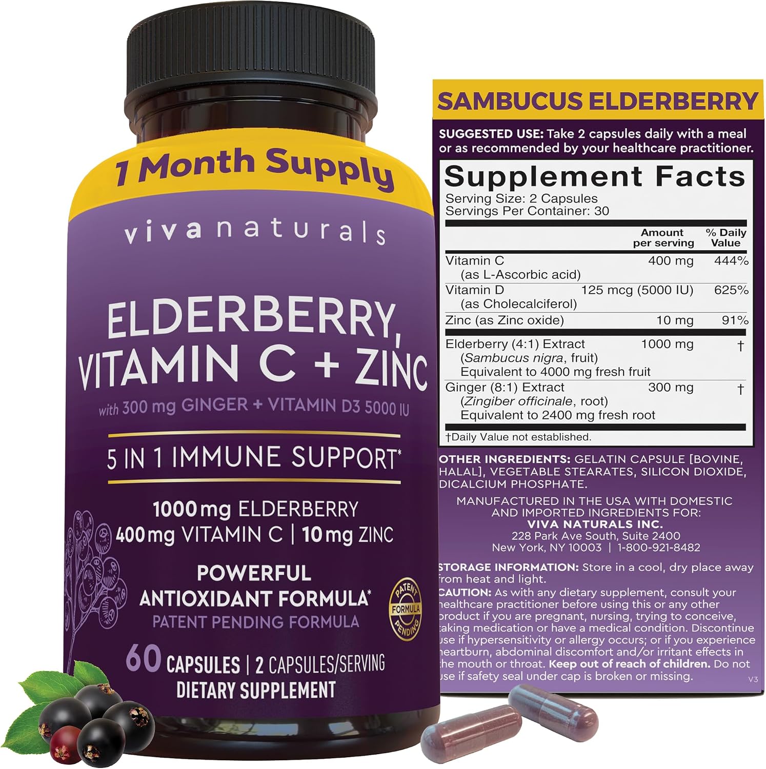 Viva Naturals Elderberry with Vitamin C and Zinc for Adults - 5 in 1 Sambucus Black Elderberry Capsules with Vitamin D3 5000 IU Immunity Supplement
