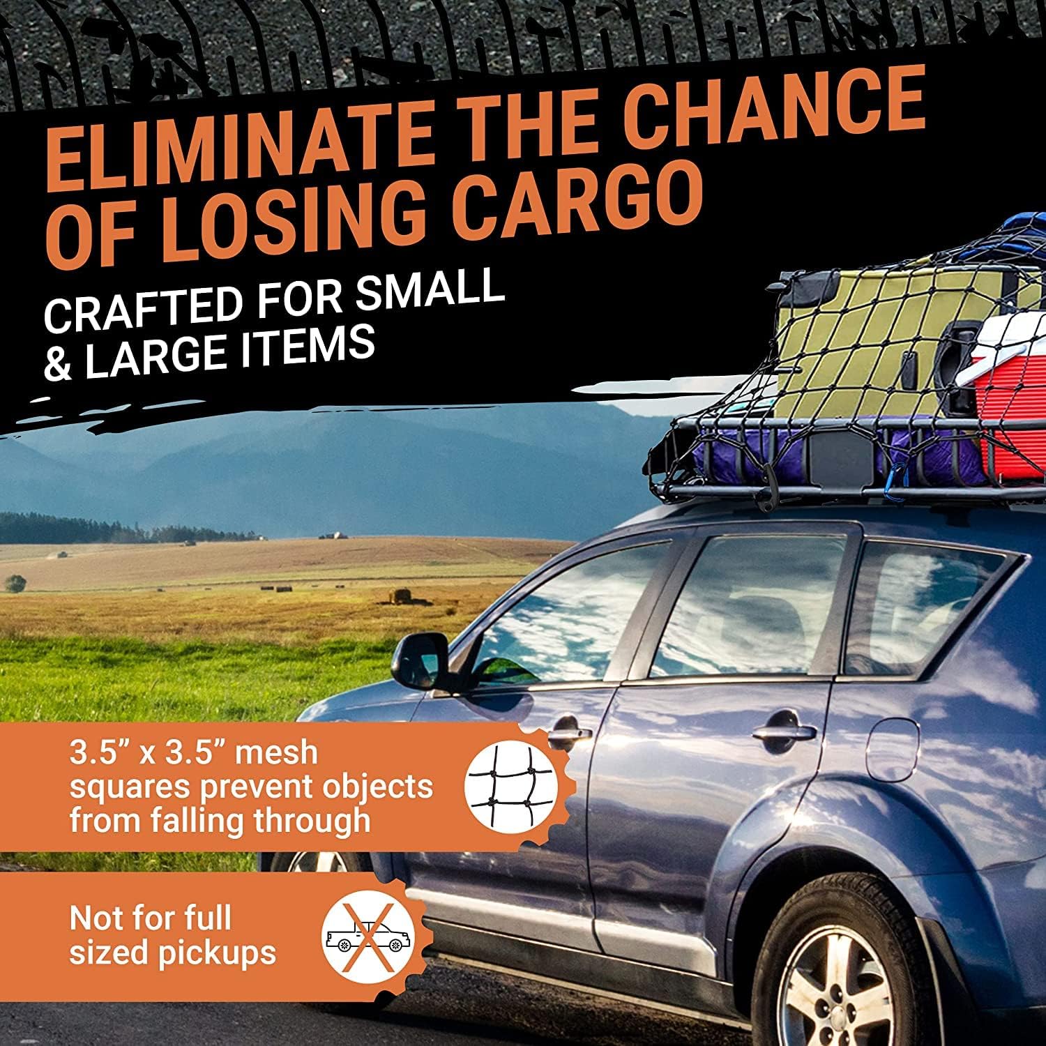 Cargo Net for Roof Rack - 22 x 38 Inch, Heavy-Duty, Mesh Square Bungee Netting with 12 Black Clips and Storage Bag - Holds Small and Large Loads
